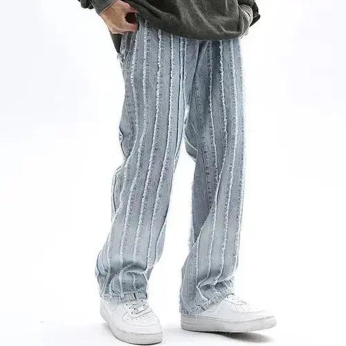 Japanese Brand × Jean Unisex Striped Frayed Ripped Tassel Jeans Pants Size US 33 - 1 Thumbnail