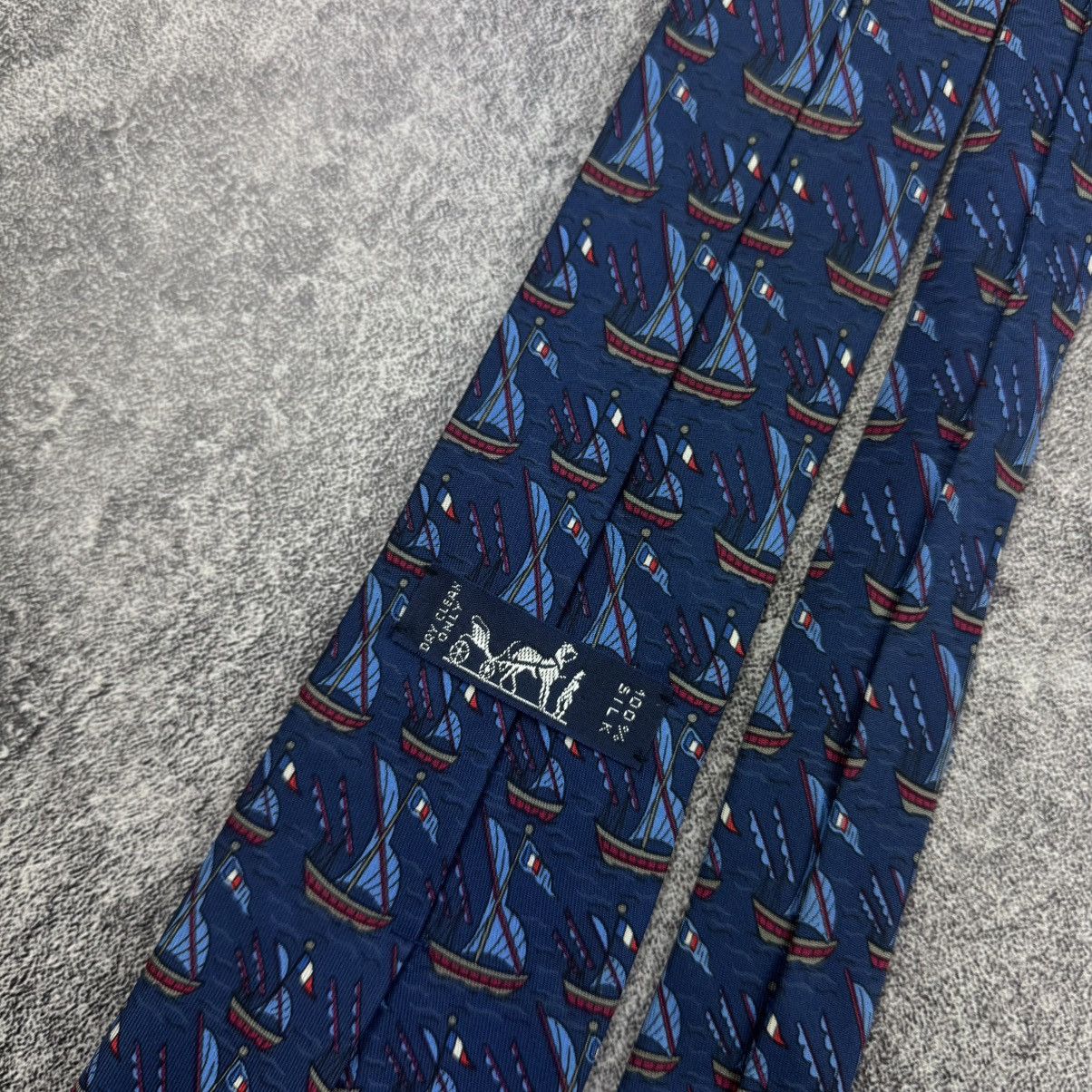 Hermes Hermès Navy Blue Silk Tie / Vintage Tall Ships Pattern Size ONE SIZE - 7 Thumbnail