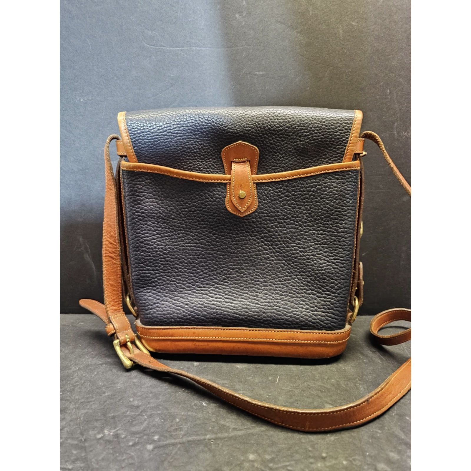 Dooney & Bourke VINTAGE Dooney & Bourke All Weather Leather Pebbled Finish Spectator Bag Navy Blue Bucket Bag Women Medium Brown Leather Strap 11" Gold Hardware Size ONE SIZE - 4 Thumbnail