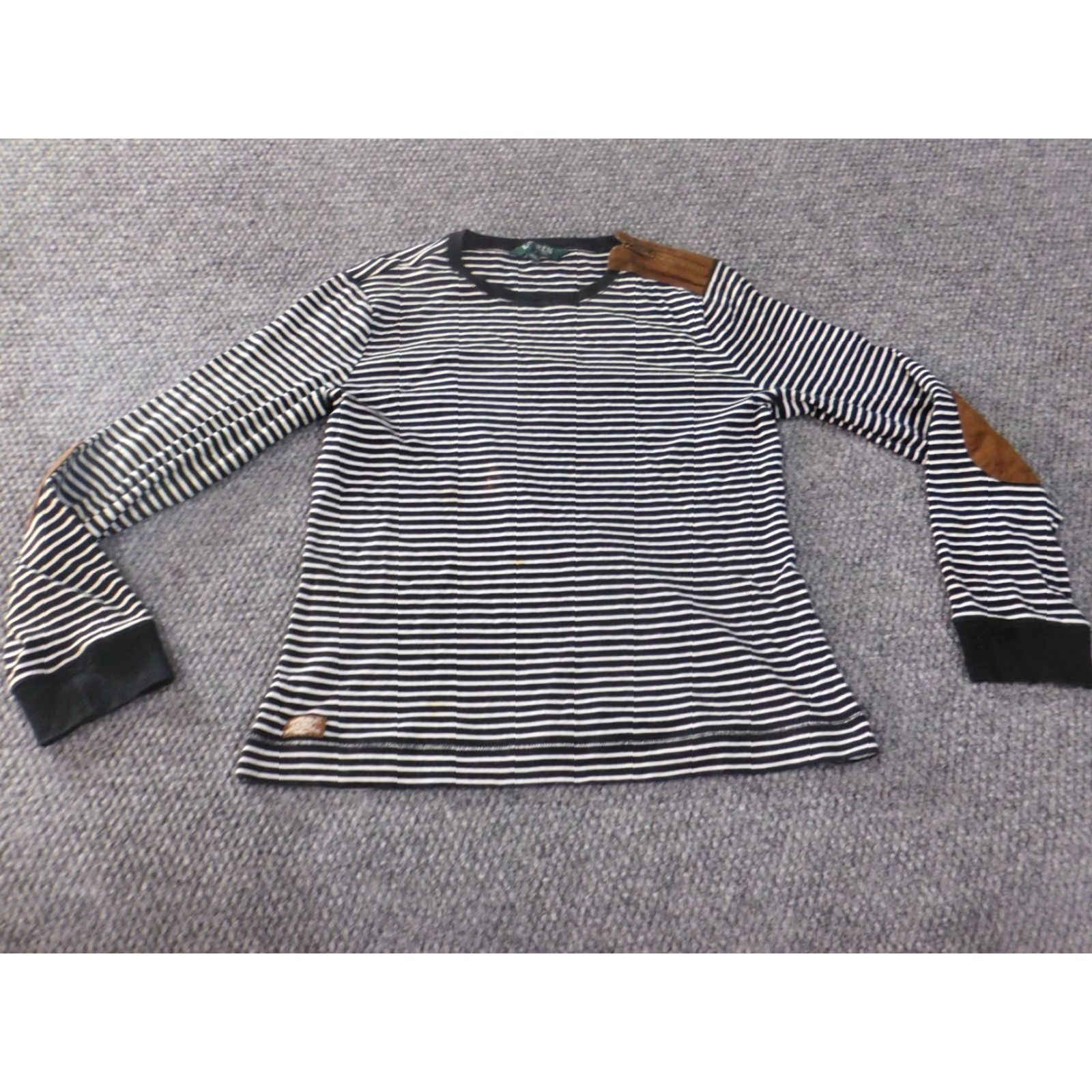 Ralph Lauren Lauren Ralph Lauren top Blouse long sleeve zip Crew neck cotton Black striped Women L Size L / US 10 / IT 46 - 2 Thumbnail