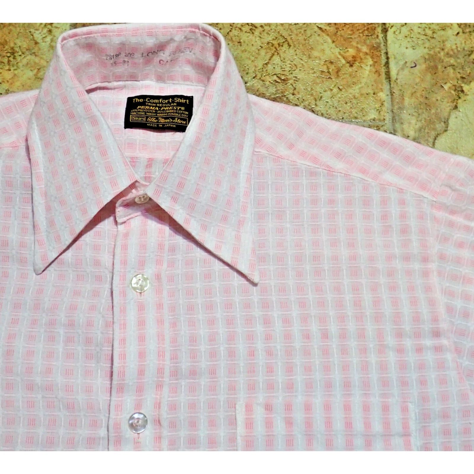 Sears VINTAGE SEARS Perma-Prest Pink White Geometric 70s Shirt Mens M French Cuff Size US M / EU 48-50 / 2 - 7 Thumbnail