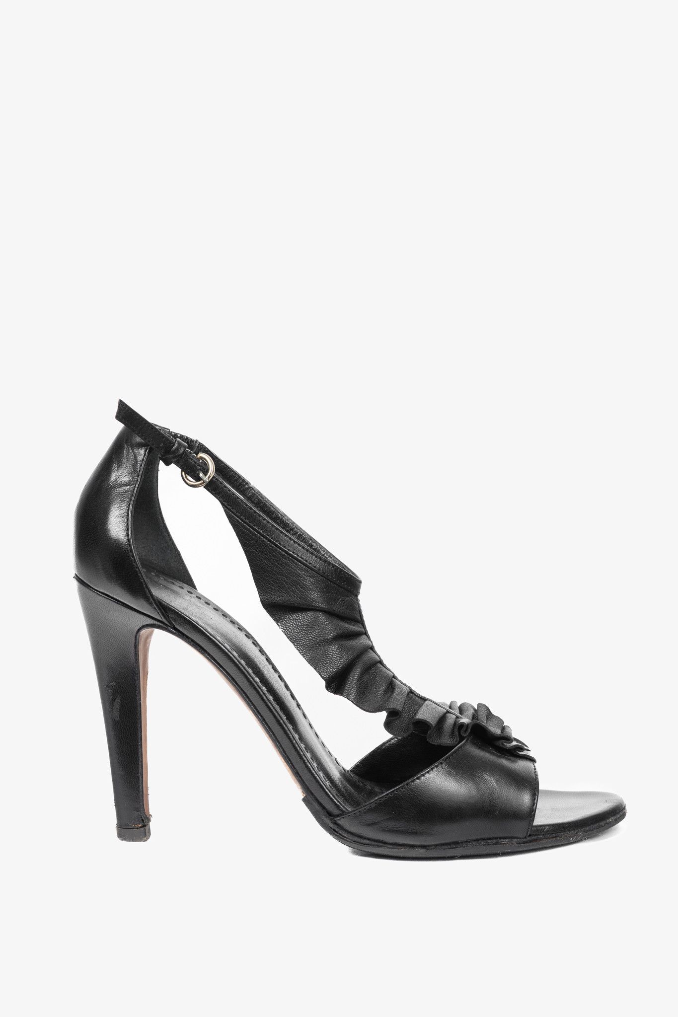 Moschino Cheap and Chic Black Leather Ruffle T-Strap Sandals