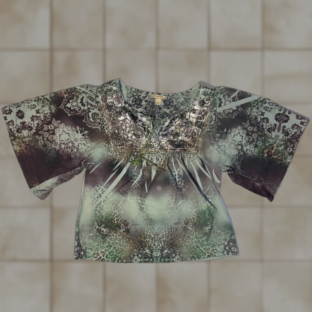 Vintage Energe T-Shirt Bohemian Green Leopard Print Satin Studded Top S Small Womens Casual Short Sleeve Regular Size S / US 4 / IT 40 - 1 Thumbnail