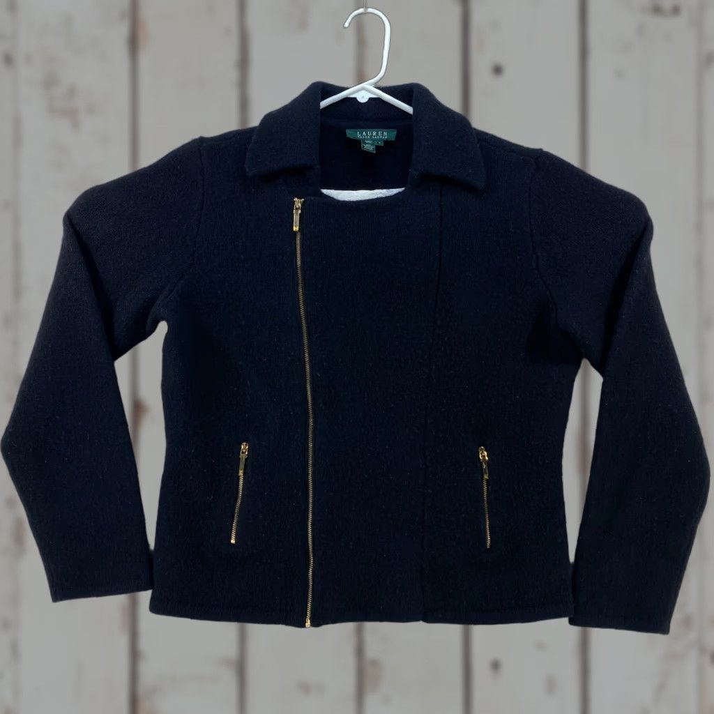 Ralph Lauren VINTAGE Ralph Lauren Womens Large Black Lambswool Sweater Jacket Moto Asymmetrical Zip Size L / US 10 / IT 46 - 1 Thumbnail