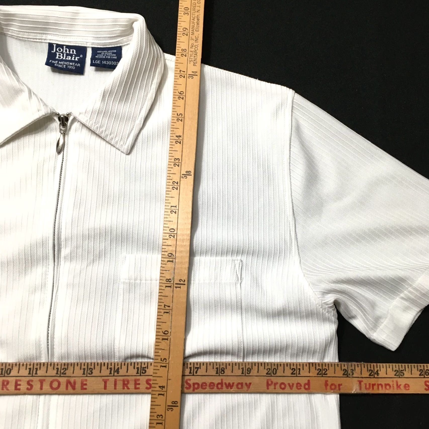 Blair VINTAGE John Blair Shirt Mens L White Disco Zip Front Short Sleeve Polo 100% Polyester Size US L / EU 52-54 / 3 - 3 Thumbnail