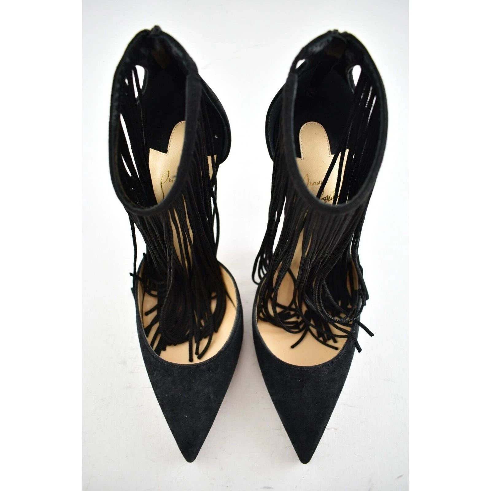 Christian Louboutin Courtain 100 Black Fringe Ankle Strap Sandal Heel Pump 36 Size US 6 / IT 36 - 7 Thumbnail