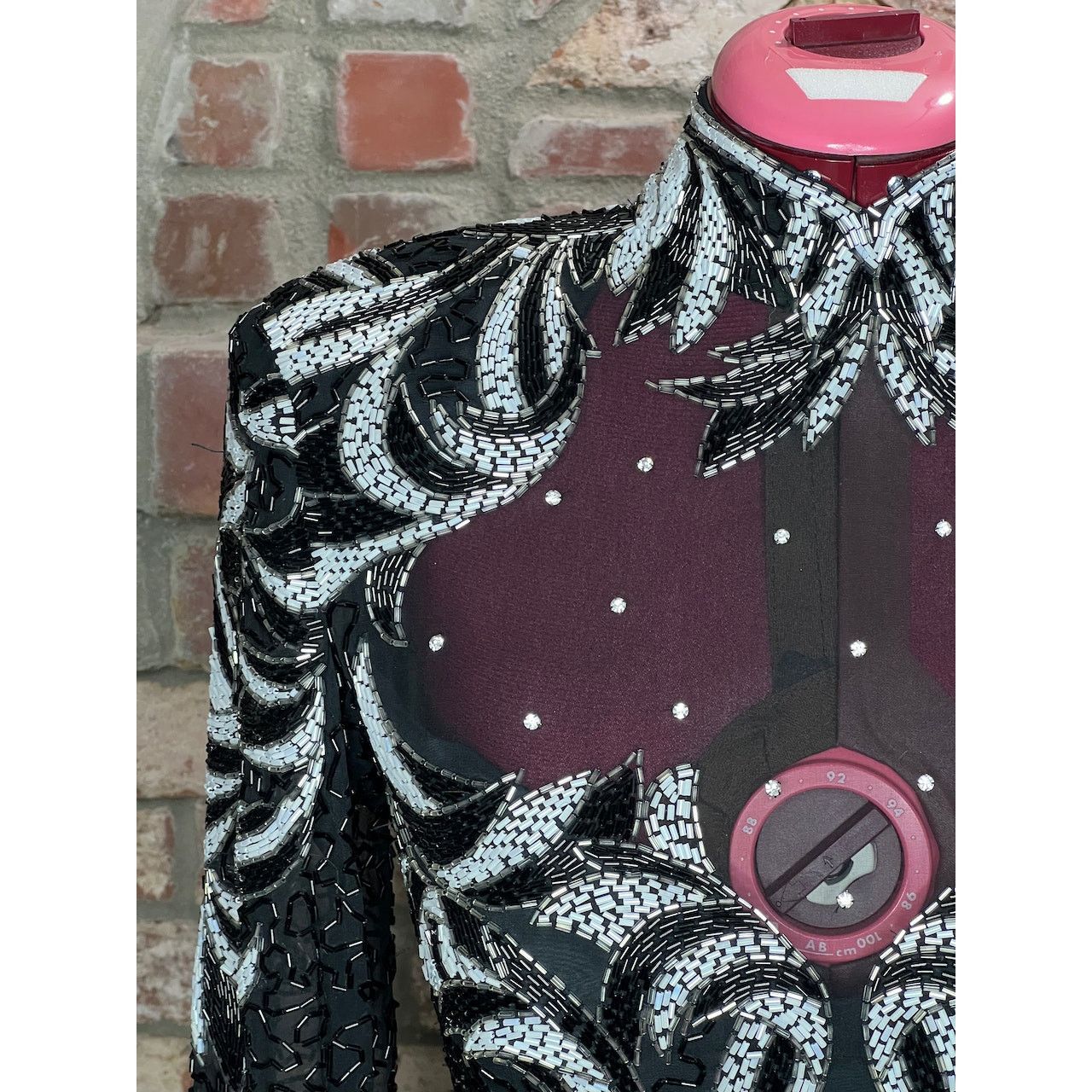 Vintage dress 100% silk beaded sheer bust high collar black white Size L / US 10 / IT 46 - 8 Thumbnail