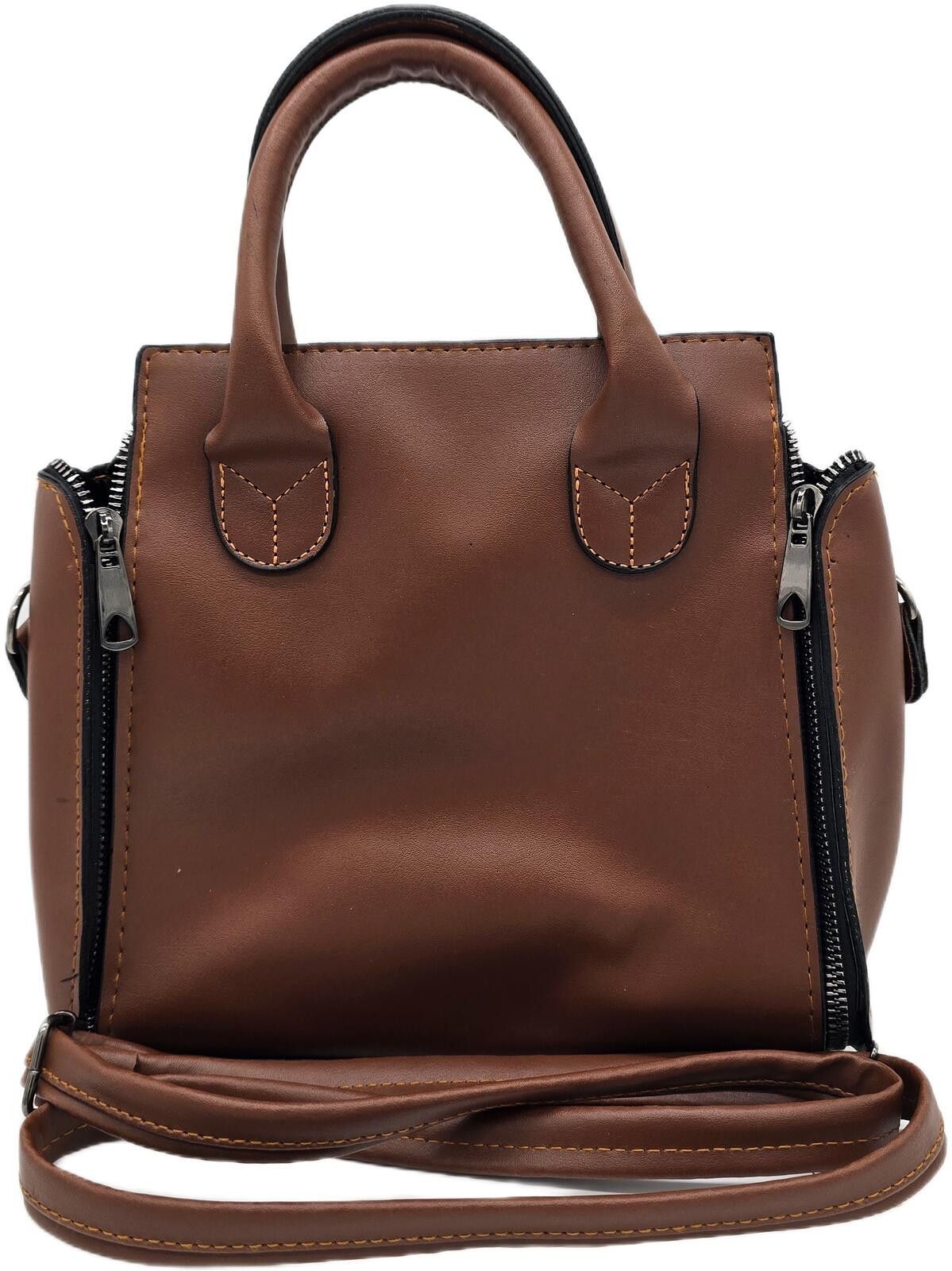 The Unbranded Brand Brown Faux Leather Handbag with Dual Zipper Detail Size ONE SIZE - 2 Thumbnail