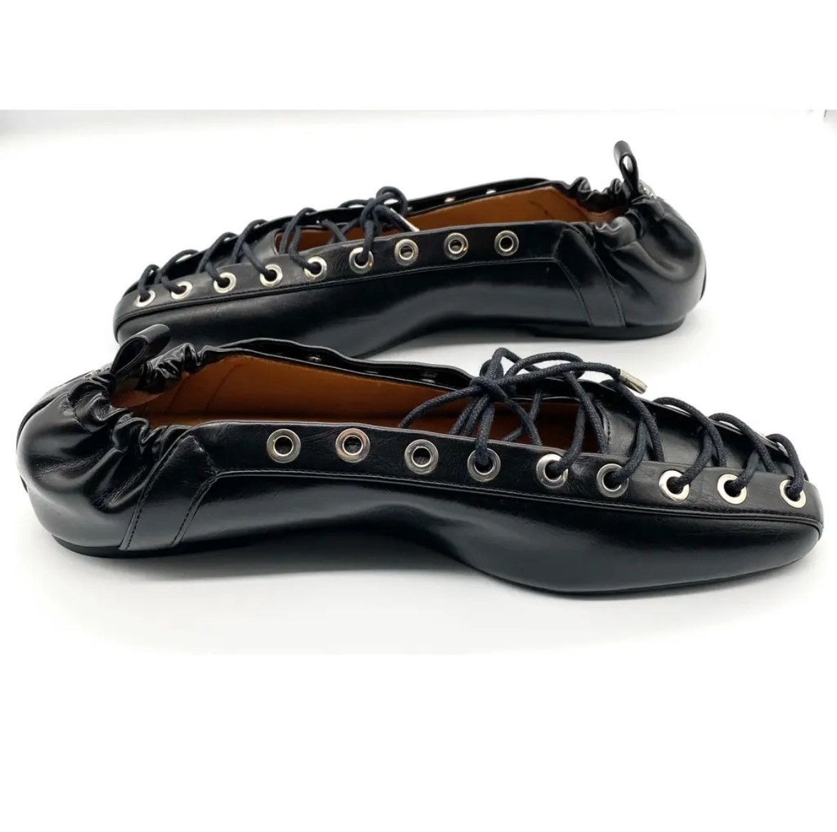 Ganni GANNI Black Leather Lace-Up Ballet Flats with Silver Eyelets Size US 9 / IT 39 - 1 Thumbnail