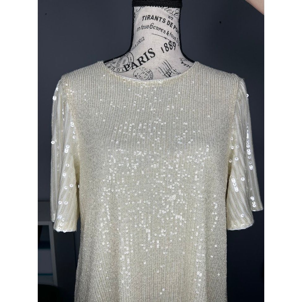 Other Whisper Cream Sequin Sparkly Flutter Sleeve Back Keyhole Top Size L / US 10 / IT 46 - 18 Thumbnail