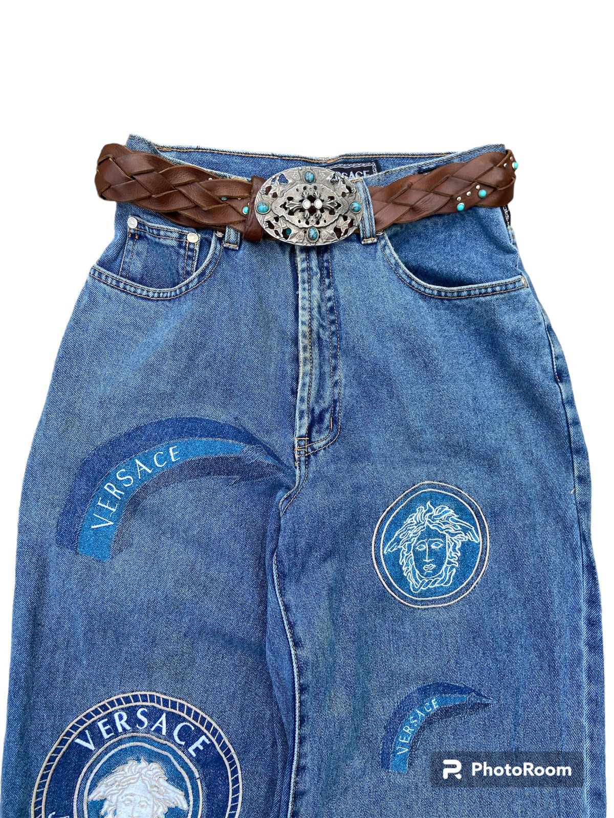 Versace × Versace Jeans Couture × Vintage VERSACE PATCH LOGO HIGH WAIST DENIM + BELT LEATHER Size US 26 / EU 42 - 5 Thumbnail
