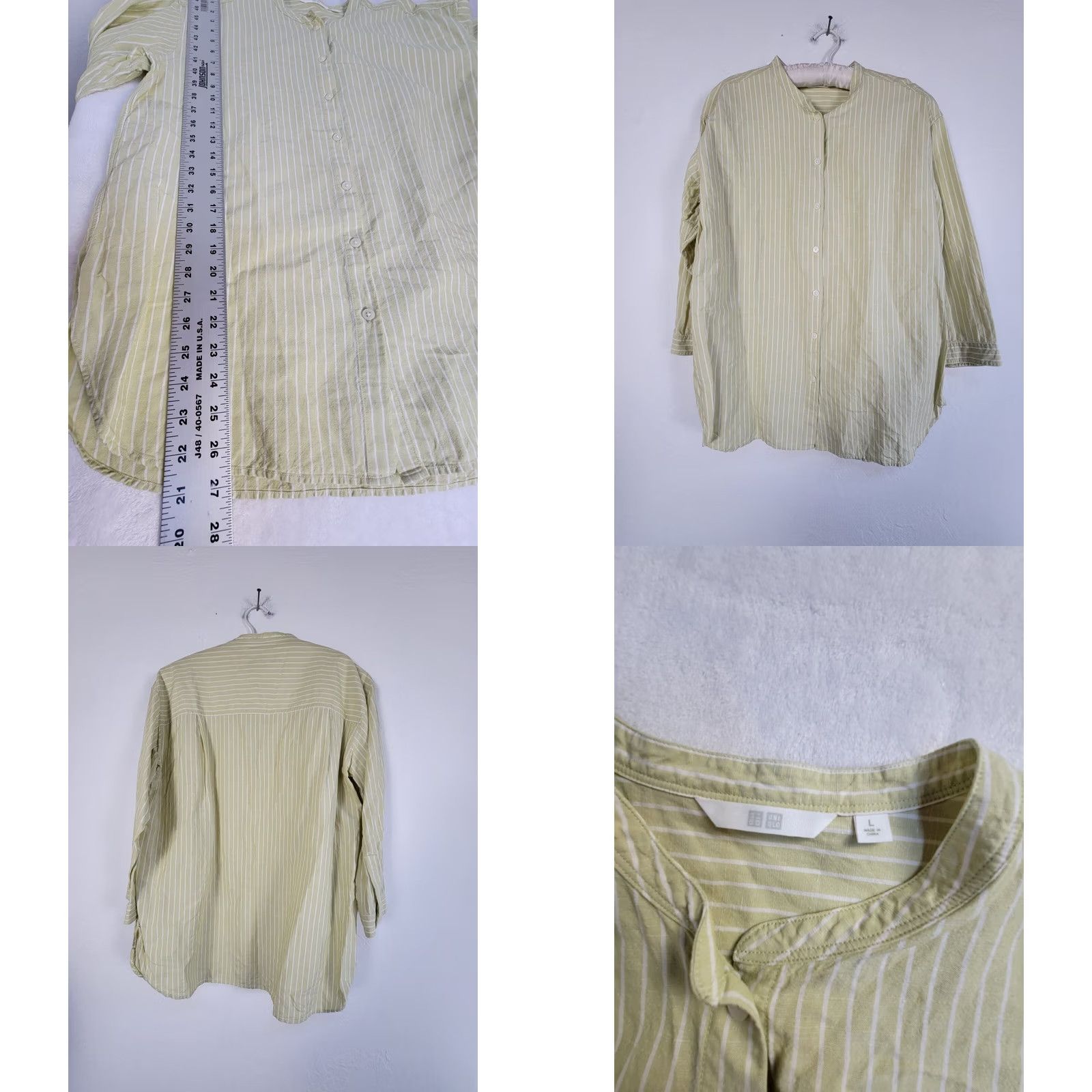 Uniqlo Uniqlo Womens Green White Striped Linen Blend Band Collar 3/4 Sleeve Shirt Large - Vintage - - Size L / US 10 / IT 46 - 8 Thumbnail