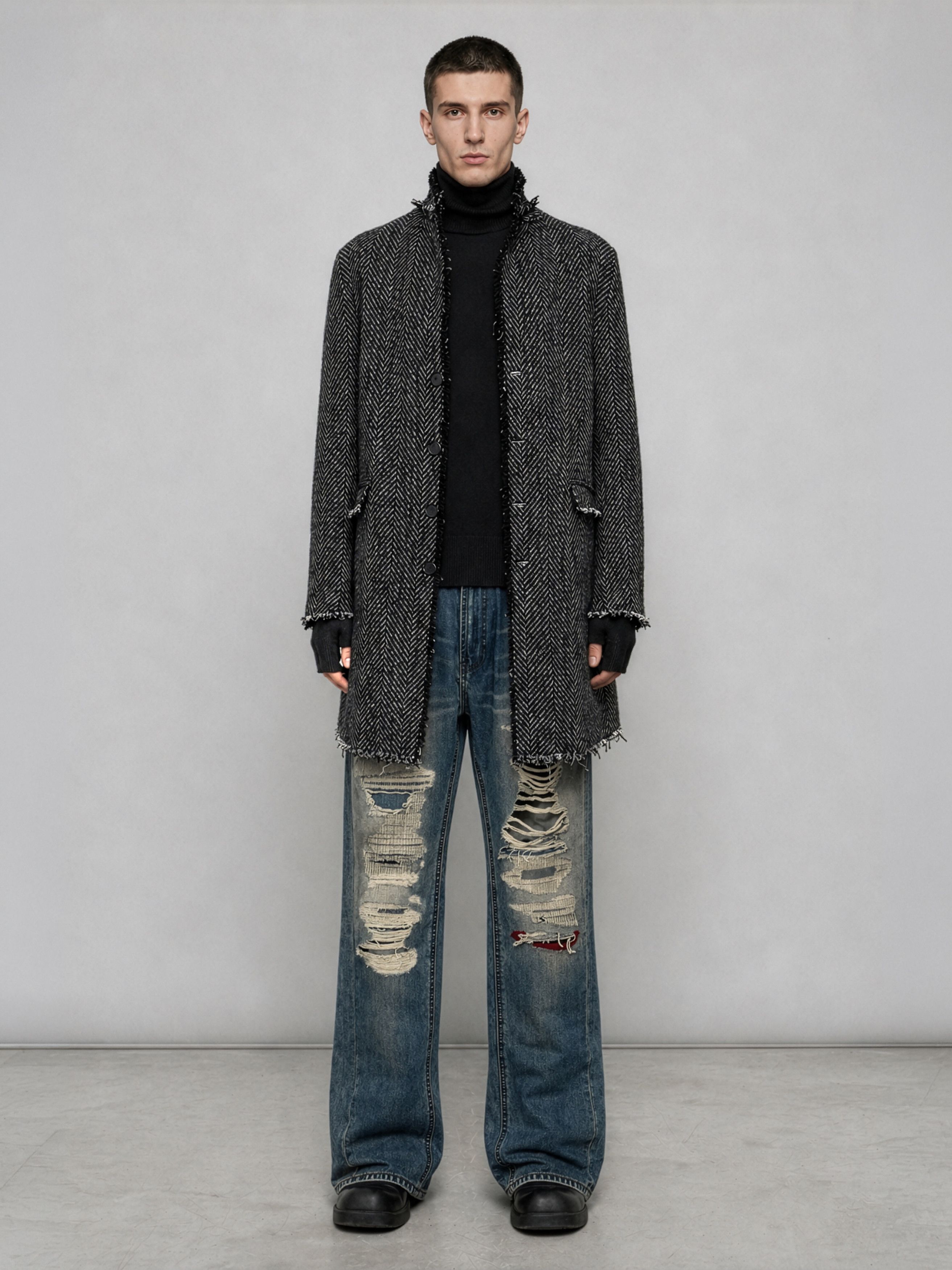 Avant Toi Distressed Herringbone Virgin Wool Coat Size US L / EU 52-54 / 3 - 16 Thumbnail