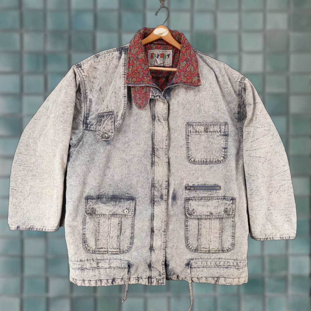 VINTAGE East West Panda Group Jacket Womens 22/24 Denim Lined Acid Wash 80s Blue/Powder/Blue?