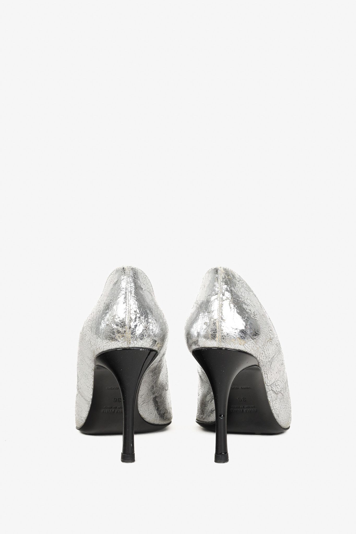 Miu Miu Miu Miu Silver Specchio Crackle Foil Metallic Heels Size US 5.5 / IT 35.5 - 3 Thumbnail