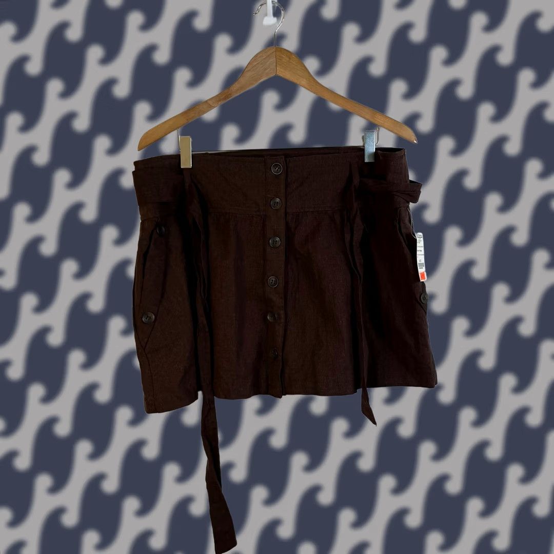 Vintage Discovery Clothing Skirt 2XL Brown Linen Button Front Tie Waist Short Pockets 100% Linen Knit Solid Mini Women's Skirt Size 40" / US 18 - 1 Thumbnail