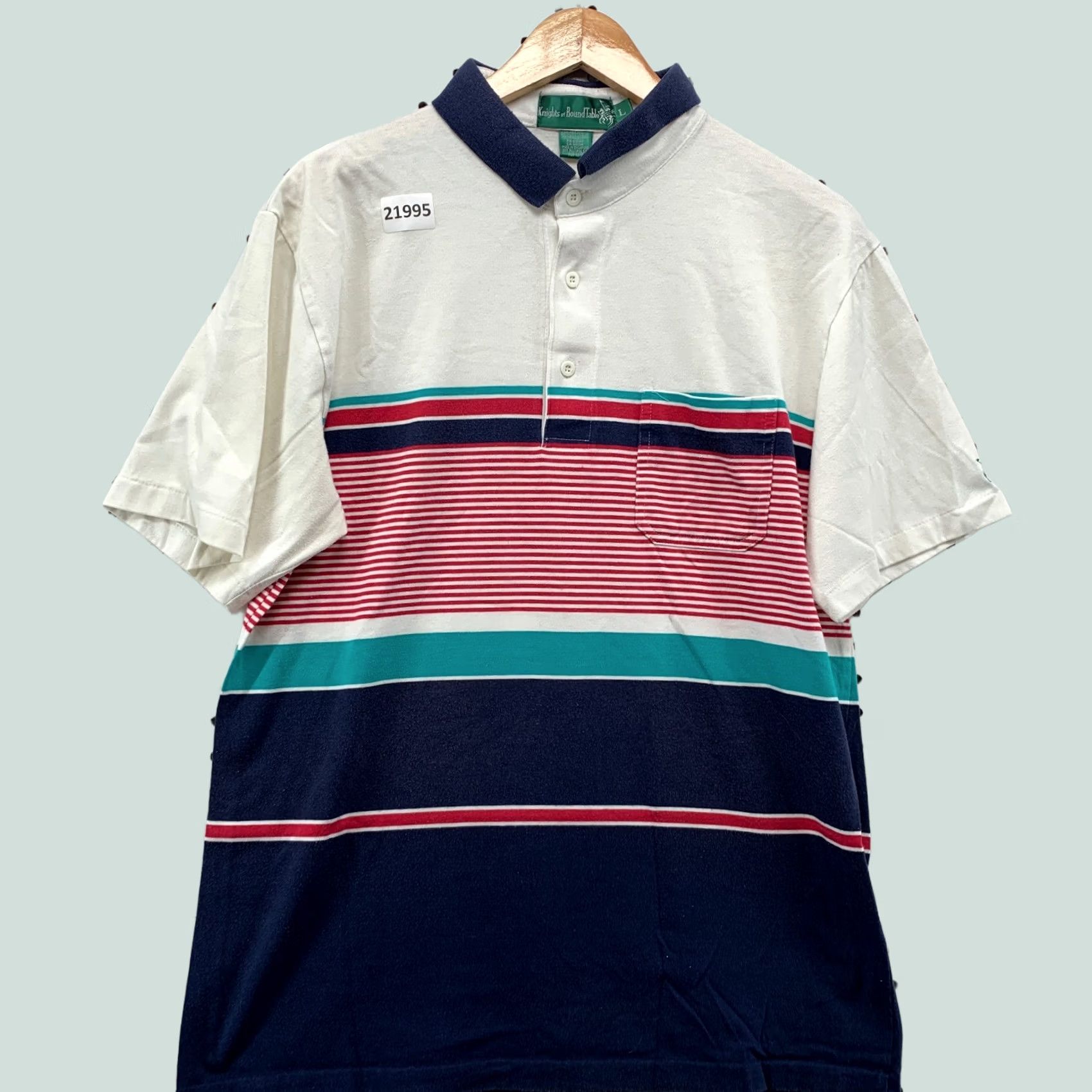 Vintage Knights Of Round Table Polo Shirt White Red Blue Striped Mens Large 21x28.5 Size US L / EU 52-54 / 3 - 1 Thumbnail