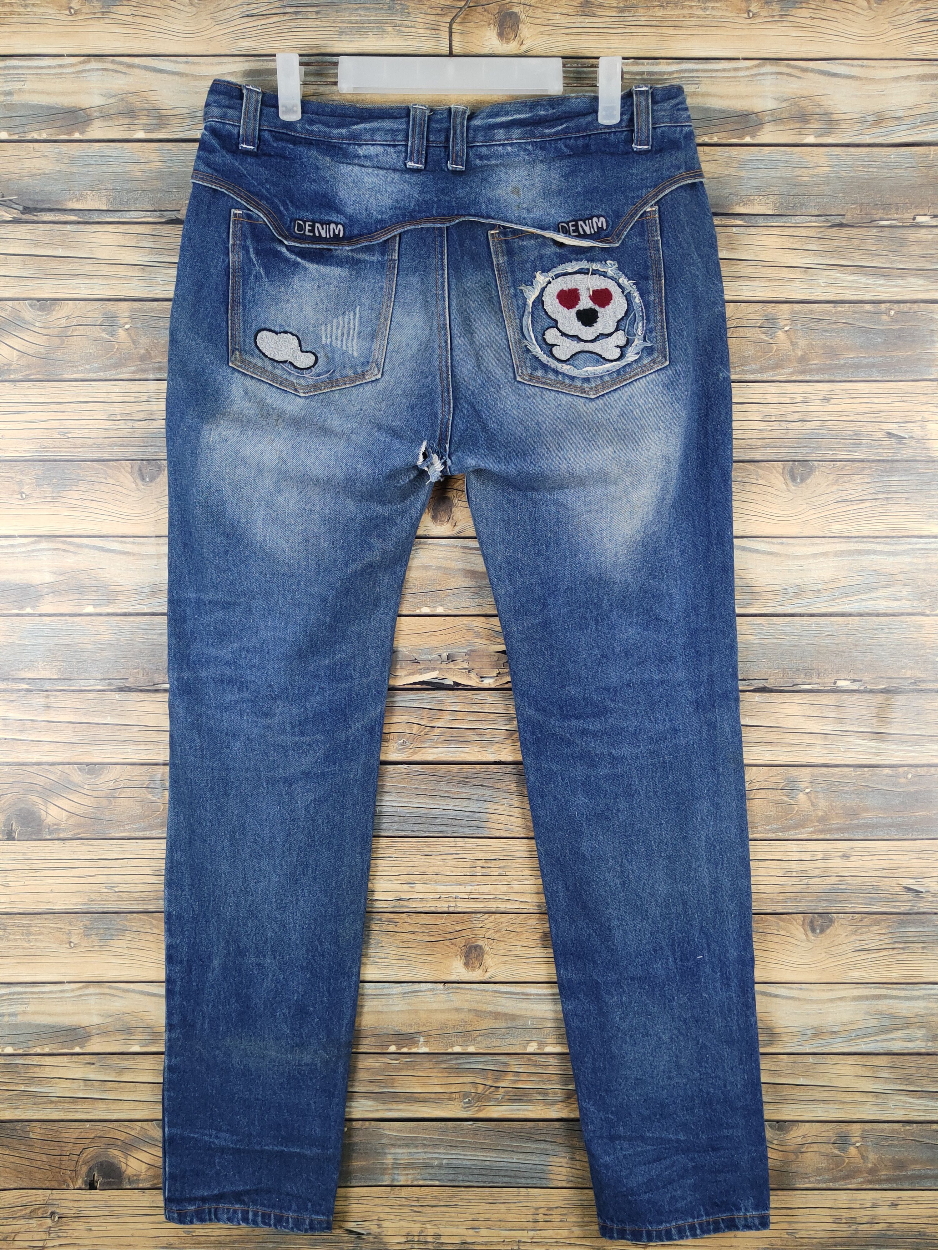 Japanese Brand Japan skull Blue Distressed Ripped denim Jeans #W1306 Size 33" - 9 Thumbnail