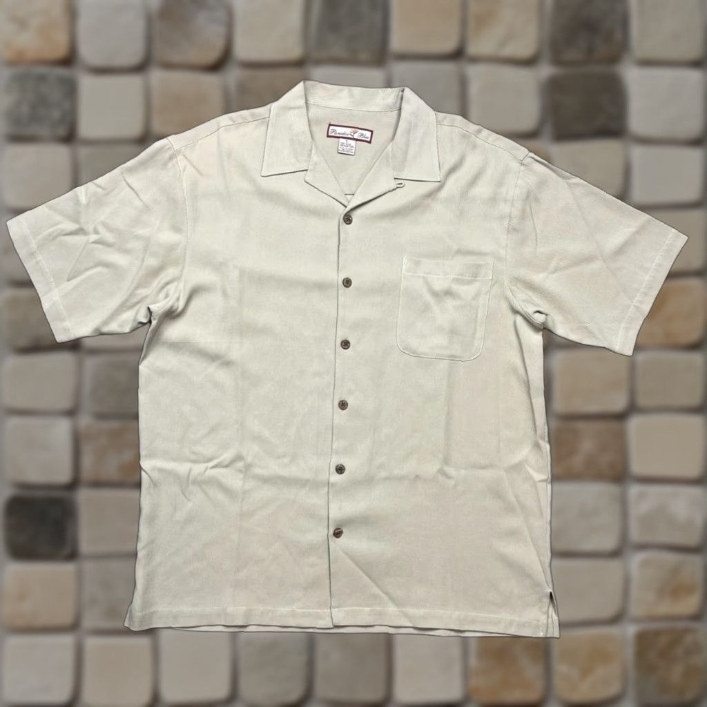 Paradise VINTAGE Paradise Silk Camp Collar Button-Up Shirt Beige L Men Short Sleeve Collared Tan Beige Paradise Blue Mens Large Nylon? Size US L / EU 52-54 / 3 - 1 Thumbnail