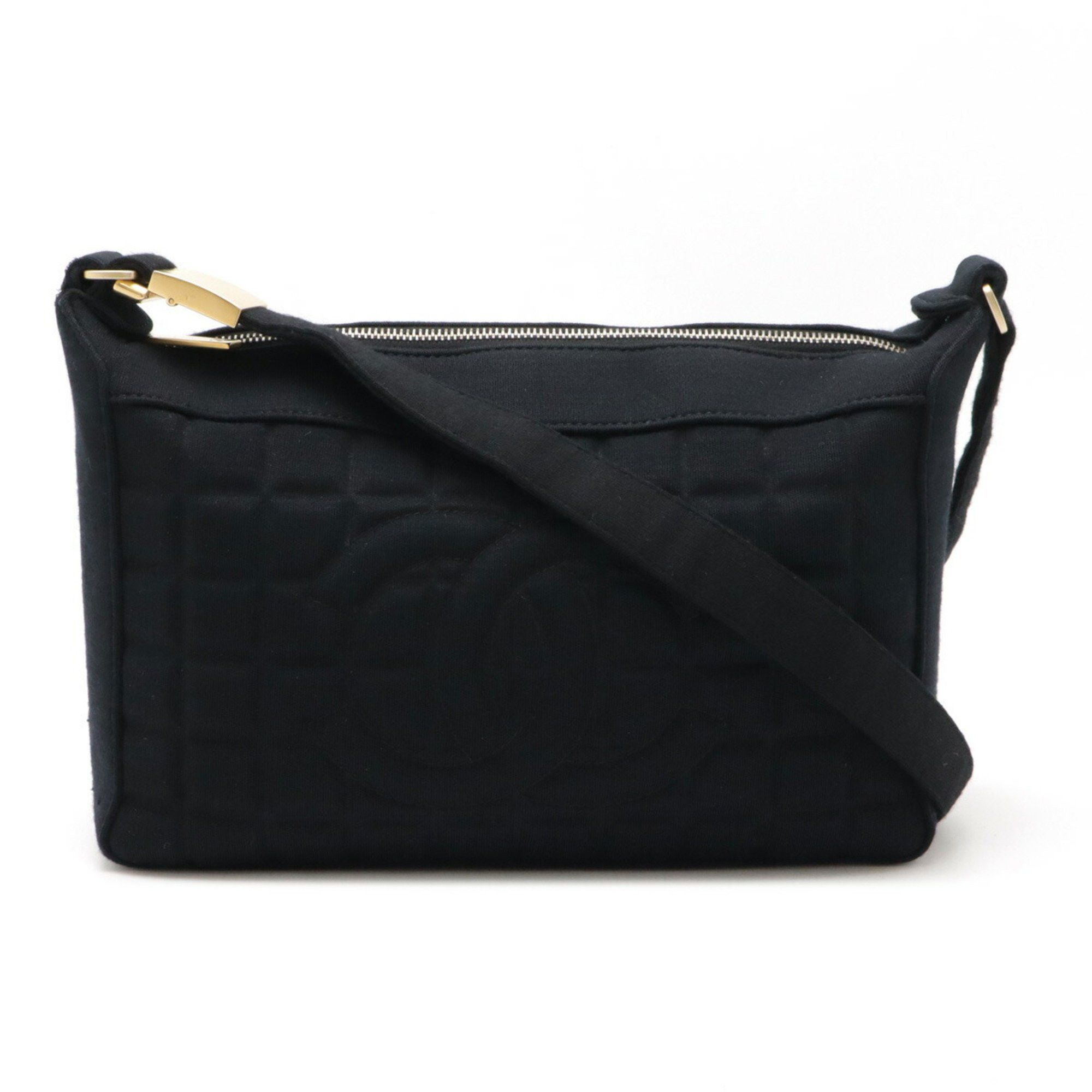 Chanel Chocolate Bar Coco Mark Shoulder Bag Handbag Cotton Jersey Leather Black, Women's