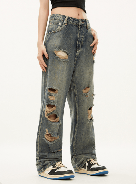 Japanese Brand × Jean Street men's hiphop straight street ripped beggar jeans Size US 32 / EU 48 - 4 Thumbnail