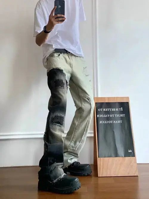 Japanese Brand × Jean High street hip hop contrast patchwork ripped raw edge jeans Size US 32 / EU 48 - 1 Thumbnail