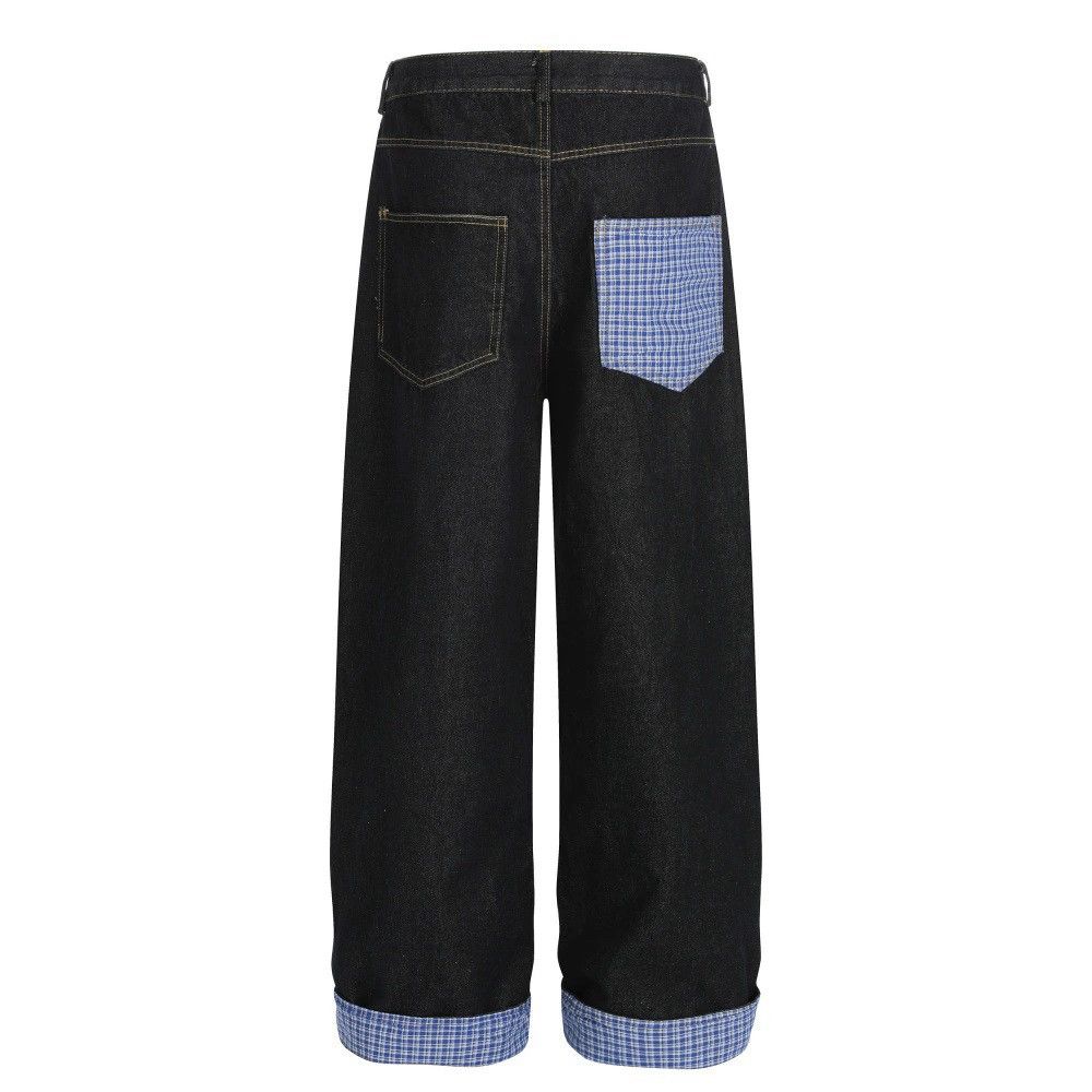 Jean Men's American plaid patchwork rolled-up straight jeans Size US 32 / EU 48 - 2 Thumbnail