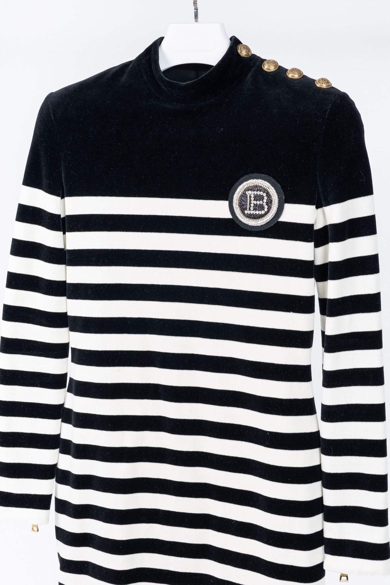 Balmain Balmain Black & White Striped Velvet Long-Sleeve Mini Dress Size L / US 10 / IT 46 - 3 Thumbnail