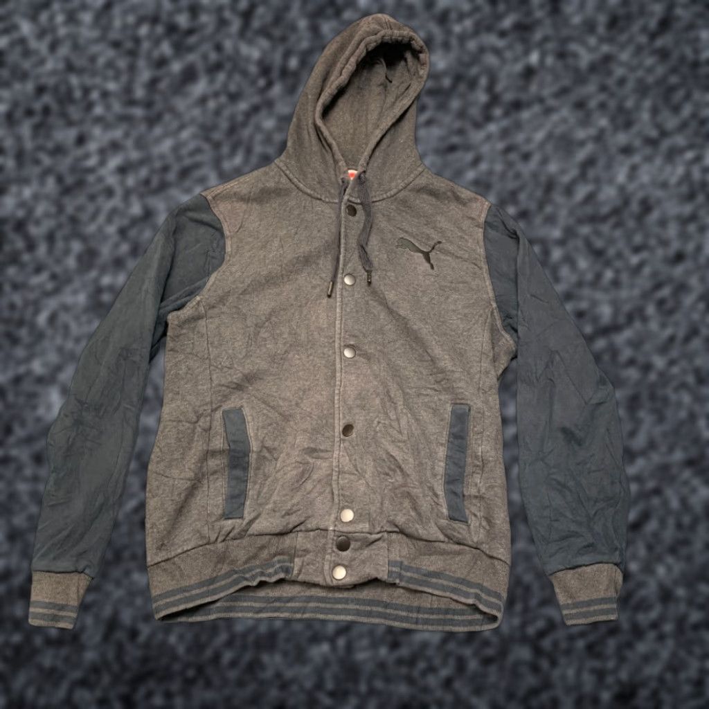 Puma Puma Mens Varsity Jacket Gray Hooded Fleece Lined Snap Front Sport Lifestyle M Jacket Size US M / EU 48-50 / 2 - 1 Thumbnail