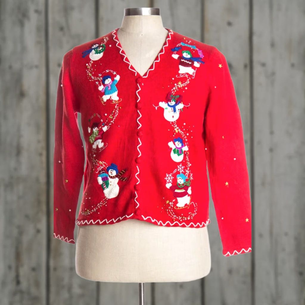 Vintage VINTAGE Hampshire Studio Red Ugly Christmas Cardigan Shirt Mens Womens PM Large 40” 21” Ramie Cotton Christmas Snowmen Baggy Ragstock Size M / US 6-8 / IT 42-44 - 1 Preview
