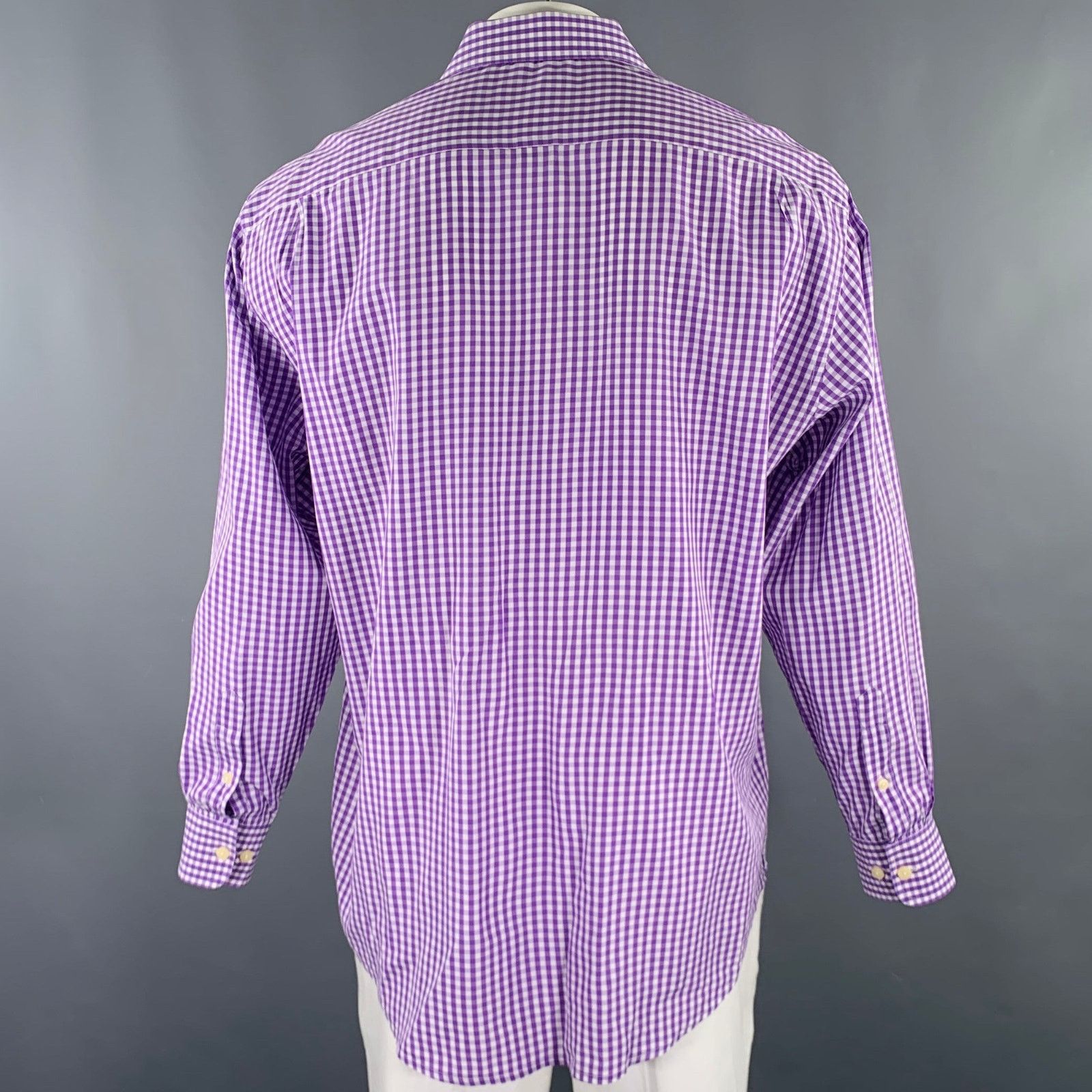 Burma Bibas Purple White Gingham Cotton Spread Collar Long Sleeve Shirt Size US XL / EU 56 / 4 - 3 Thumbnail
