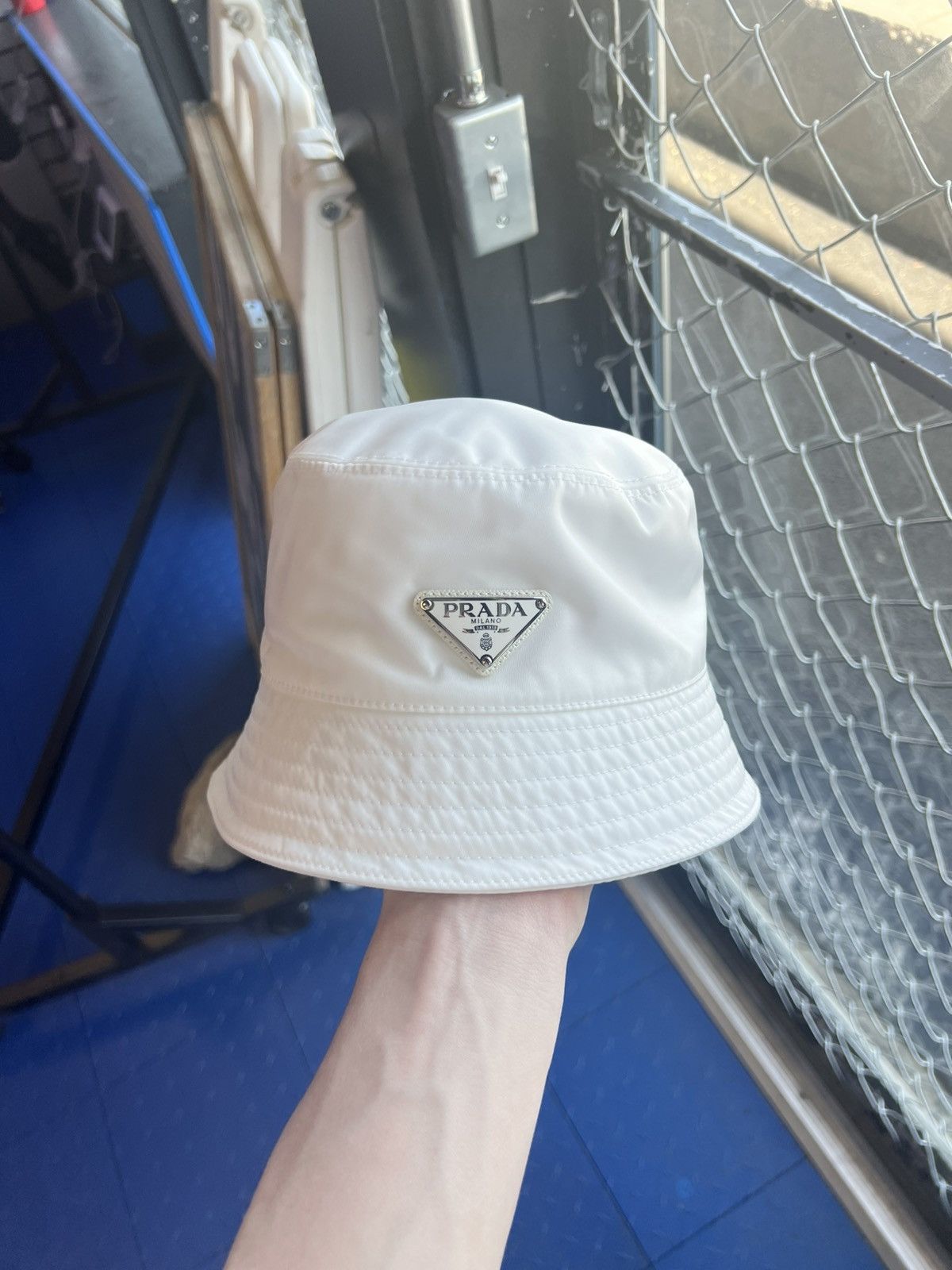 Prada prada re-nylon white bucket hat | Grailed