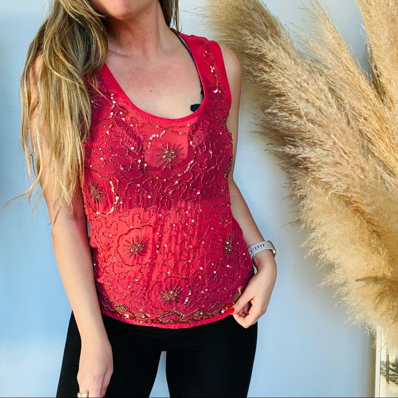 Anthropologie ANTHROPOLOGIE Pink Red Sequin Sheer Tank Top Blouse Shirt Size S / US 4 / IT 40 - 1 Thumbnail