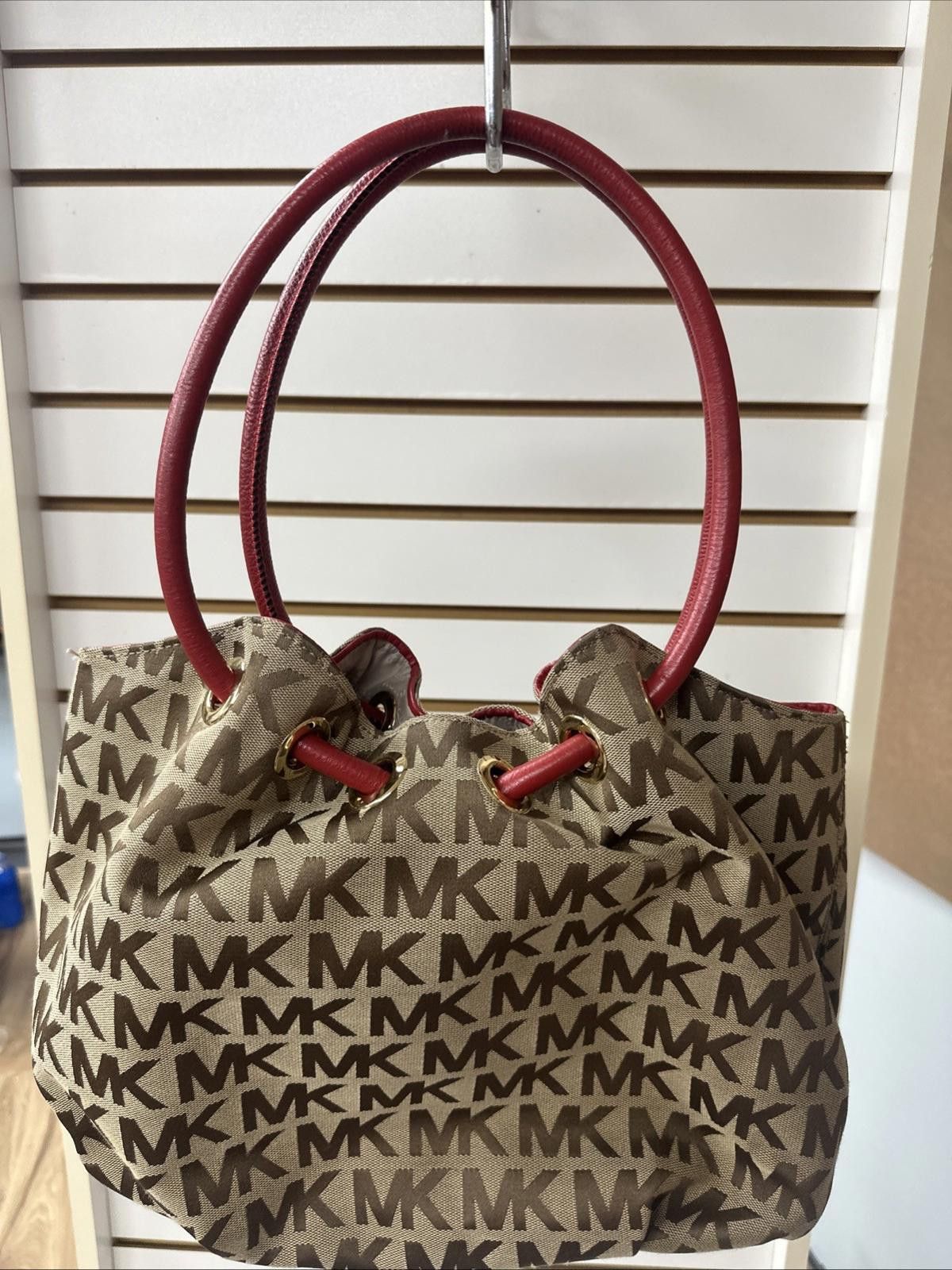 Michael Kors Michael Kors Canvas Logo Red Double Leather Handle Purse Size ONE SIZE - 3 Thumbnail