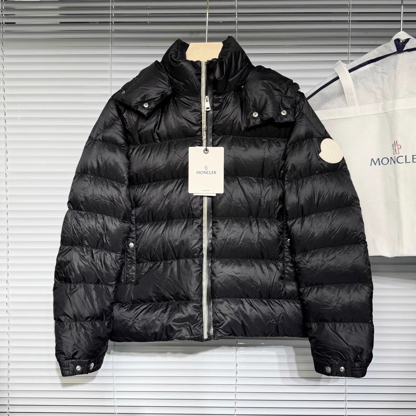 Moncler Moncler Black Down Jacket Big Logo Striped Letter Hood 1 Size S / US 4 / IT 40 - 1 Thumbnail