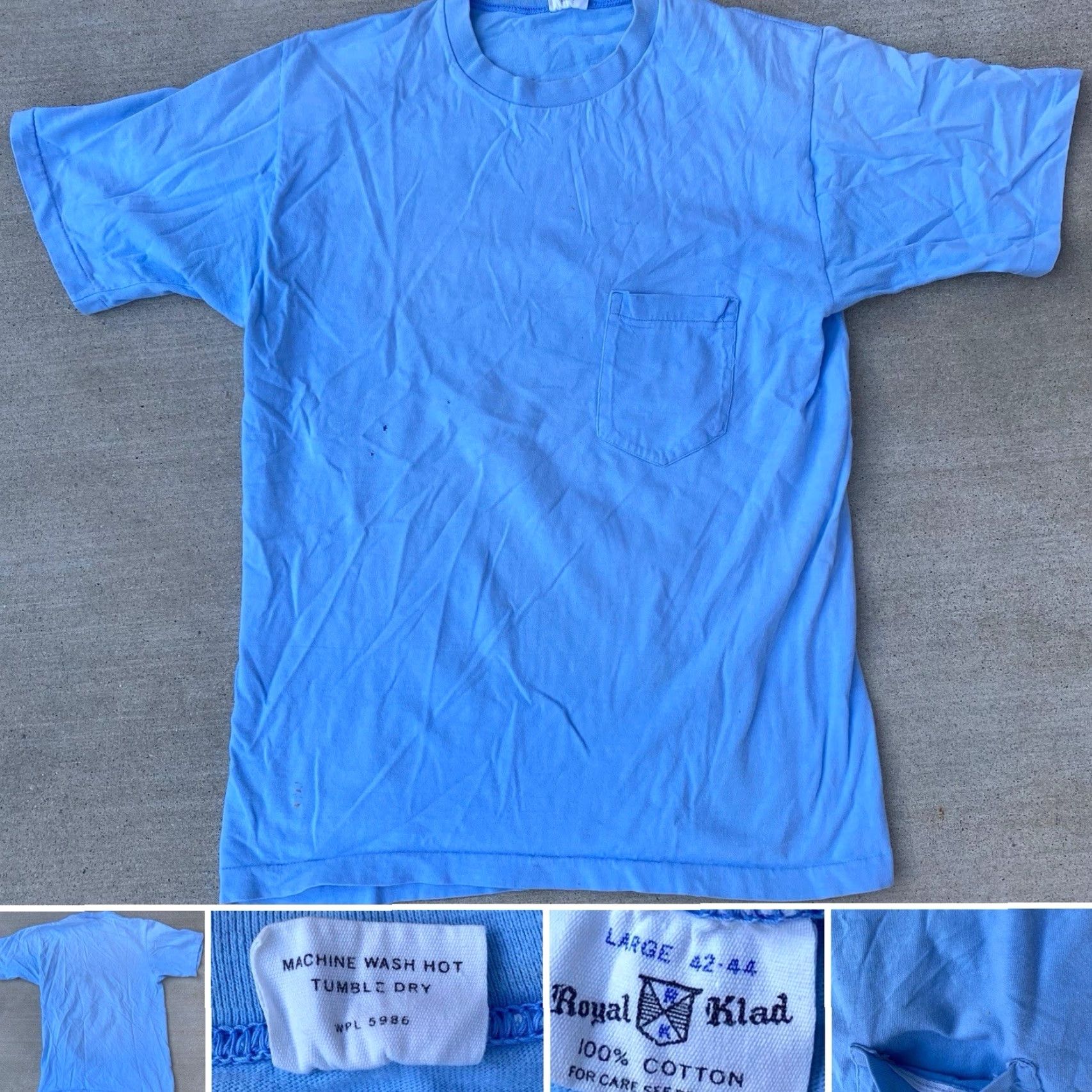 Vintage VINTAGE Royal Klad T-Shirt Pocket Tee Blue Cotton Short Sleeve L Mens Distressed Fade Holes Stain Stamp RN 5986 Size US L / EU 52-54 / 3 - 6 Thumbnail