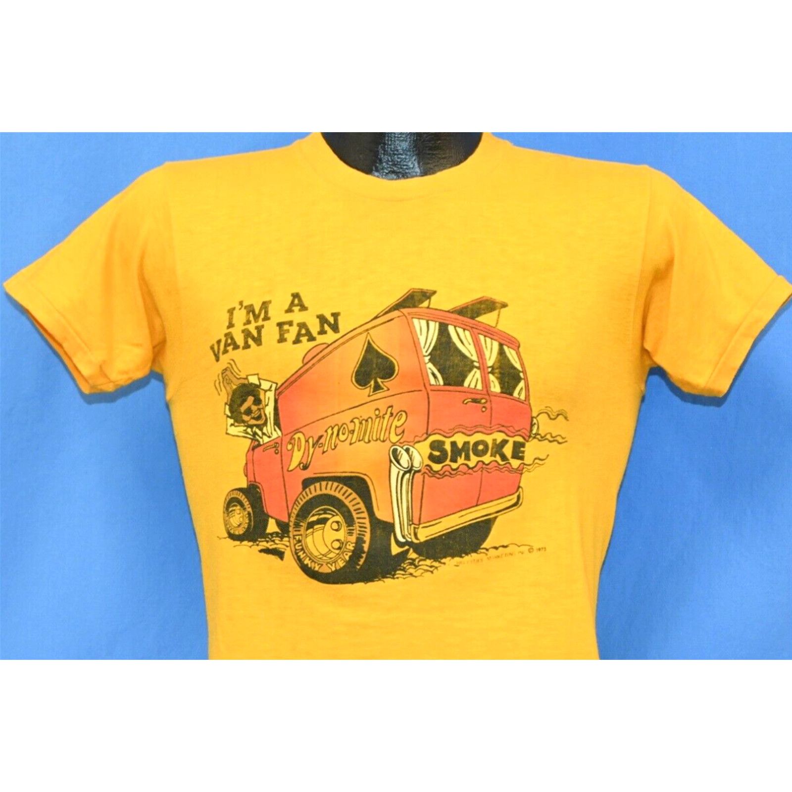 image of Vintage 70's I'm A Van Fan Dy-No-Mite Smoke Funky Groovy Yellow Vannin T-Shirt S in White (Size Sma