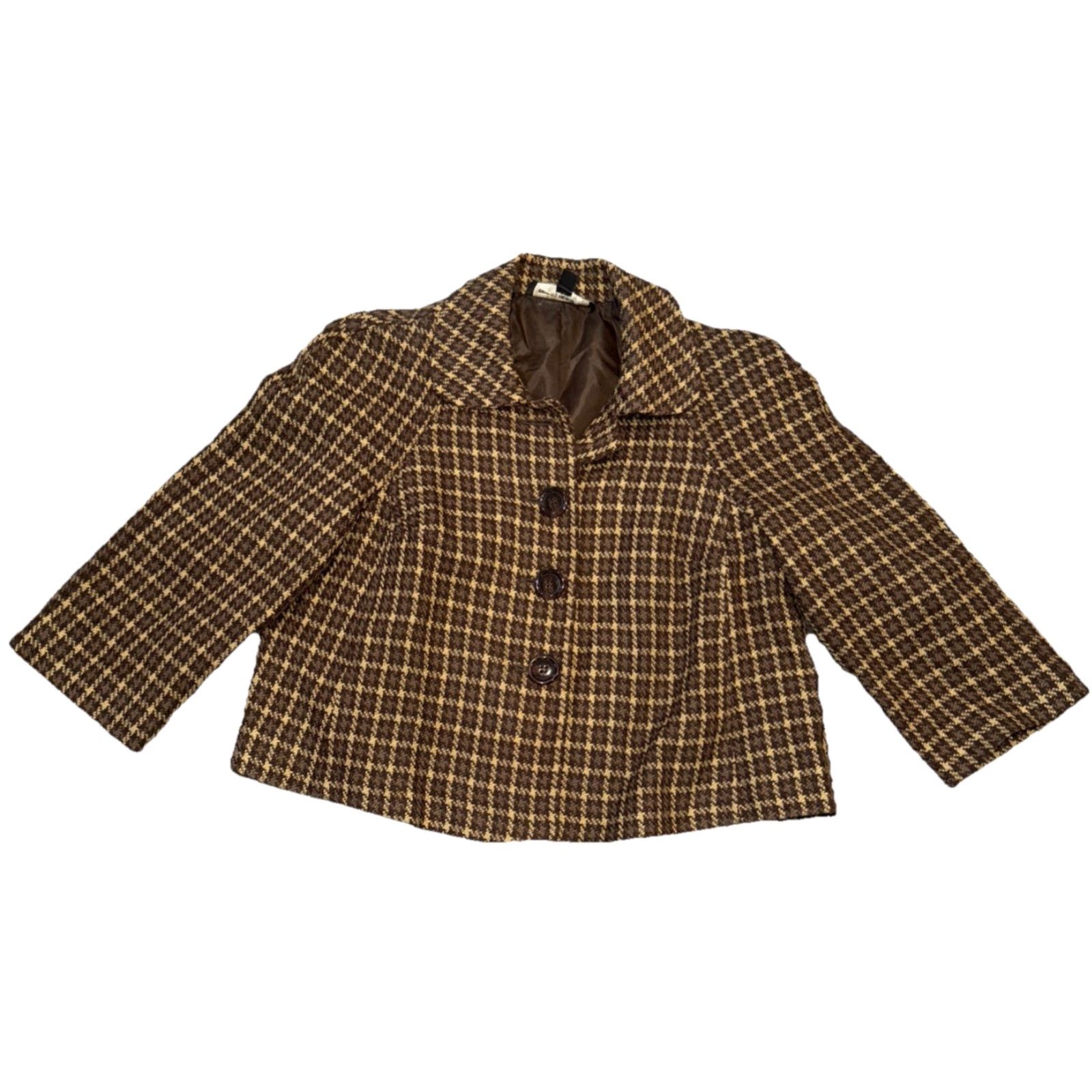 Vintage Briggs New York Womens Jacket Coat Short 3/4 Sleeve Houndstooth Button Lined Acrylic Wool 10P Petite Brown Womens Size L / US 10 / IT 46 - 2 Thumbnail