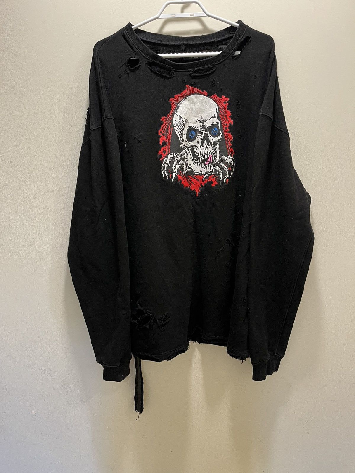 image of Ben Taverniti Unravel Project Skull Distressed Crewneck in Black, Men's (Size Large)