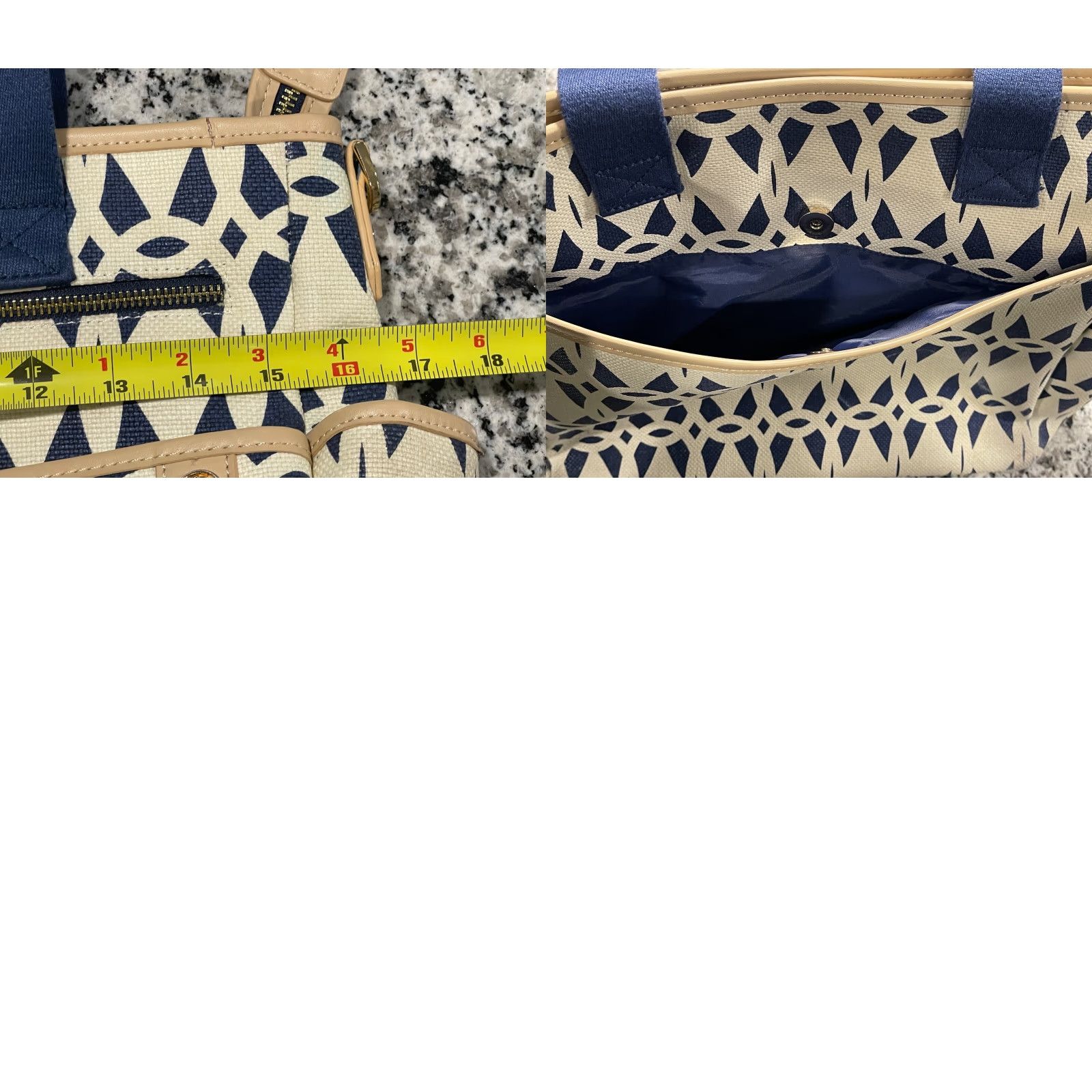 Vintage SPARTINA 449 Daufuskie Island Tybrisa Colypso Diaper Bag, Natural Linen/Leather Handbag Blue/White Exterior Lined Women Size ONE SIZE - 9 Thumbnail