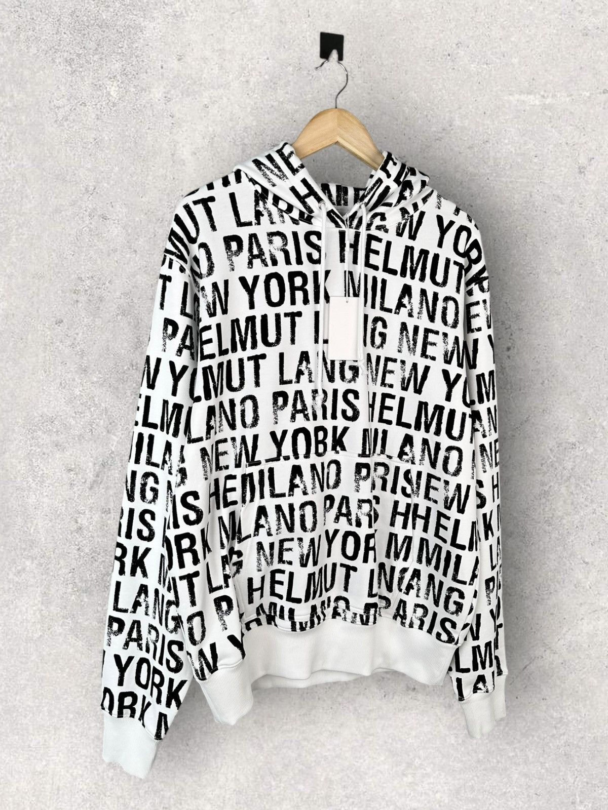 image of Helmut Lang All Over Monogram Logo Hoodie Crazy in White Black, Men's (Size Medium)