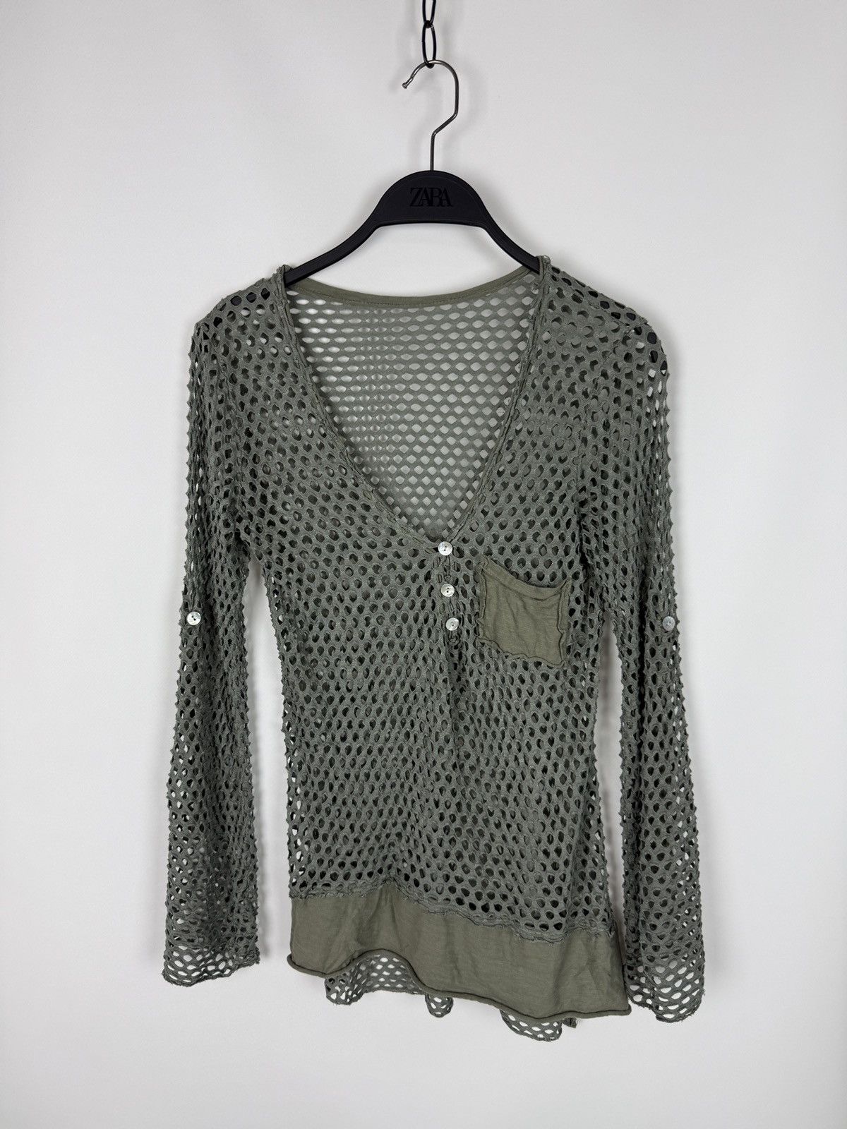 Vintage Y2K Vintage Alt Khaki Green Fishnet V-Neck Long Sleeve Size L / US 10 / IT 46 - 3 Thumbnail