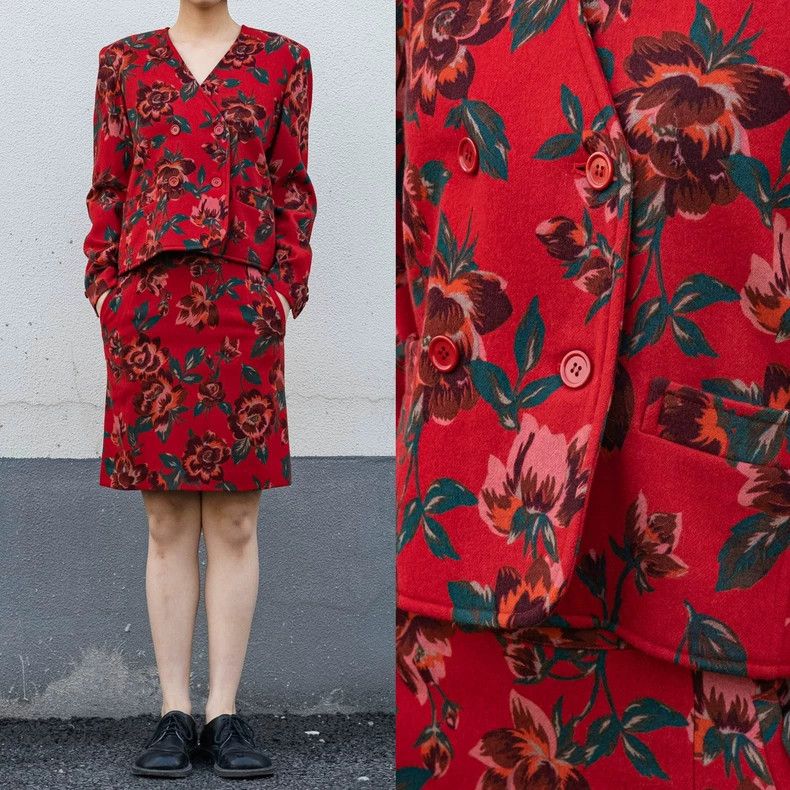 Vintage 1980s KENZO Red Floral Wool Set Size US L / EU 52-54 / 3 - 1 Thumbnail