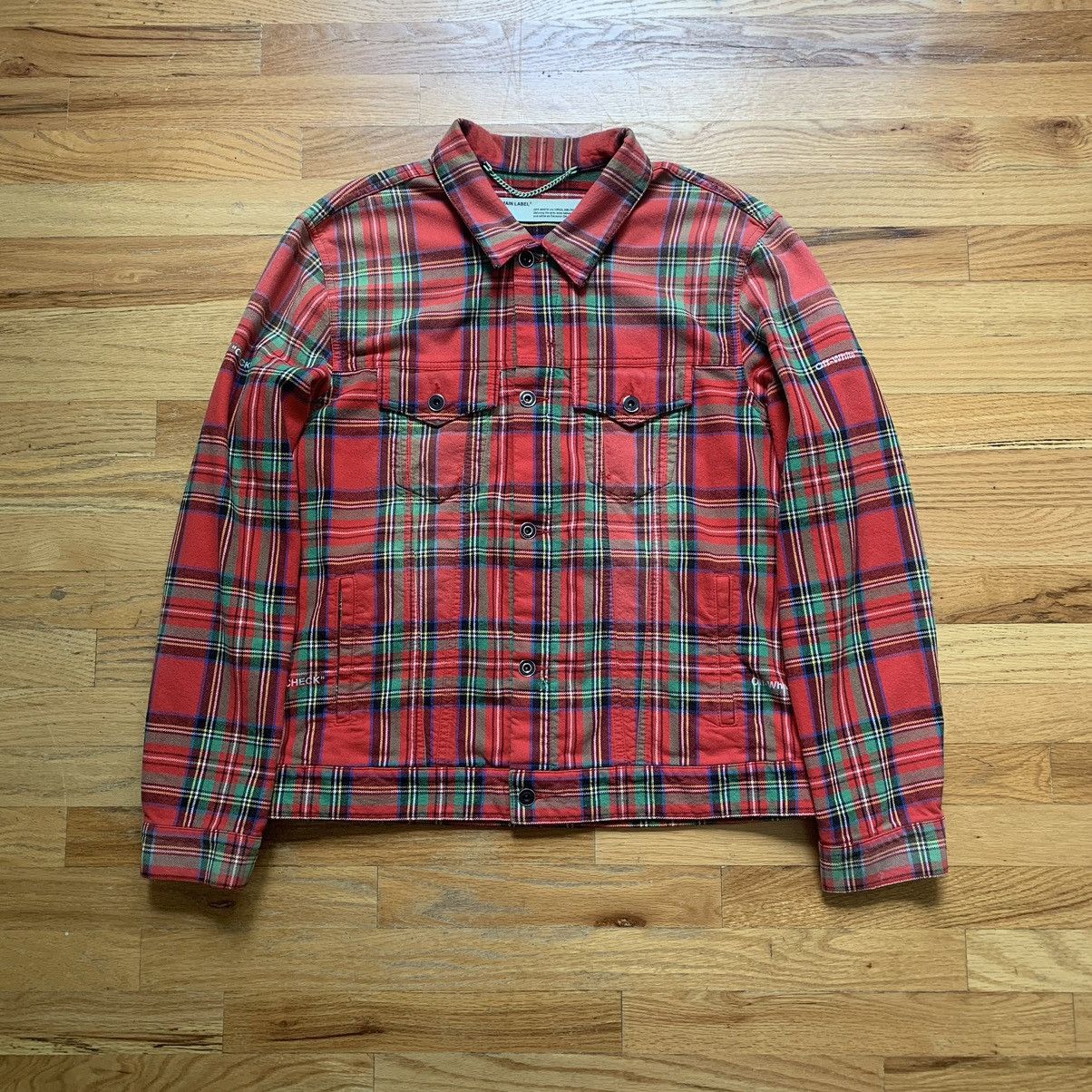 Pre-owned Off-white Ss2018 Distressed Tartan Trucker Jacket In Red