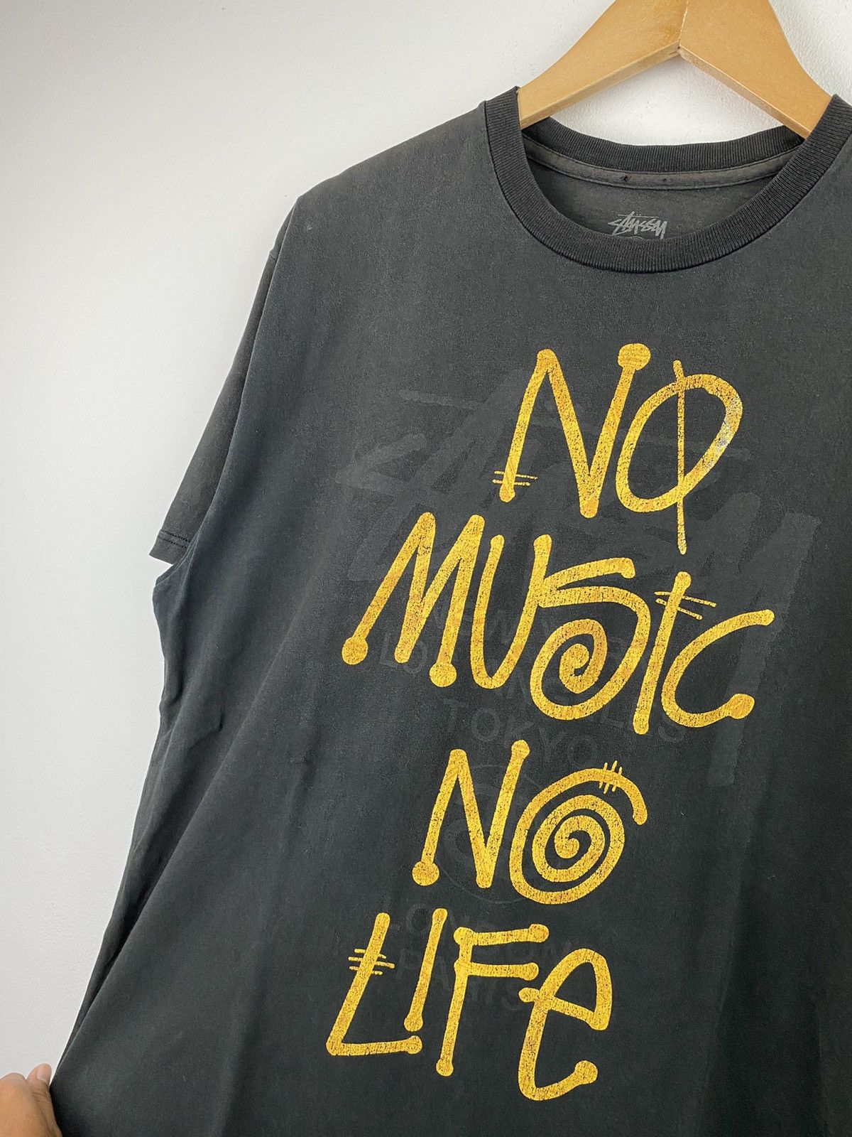 STUSSY x TOWERRECORDS NO MUSIC NO LIFE Tシャツ/S/コットン/BLK