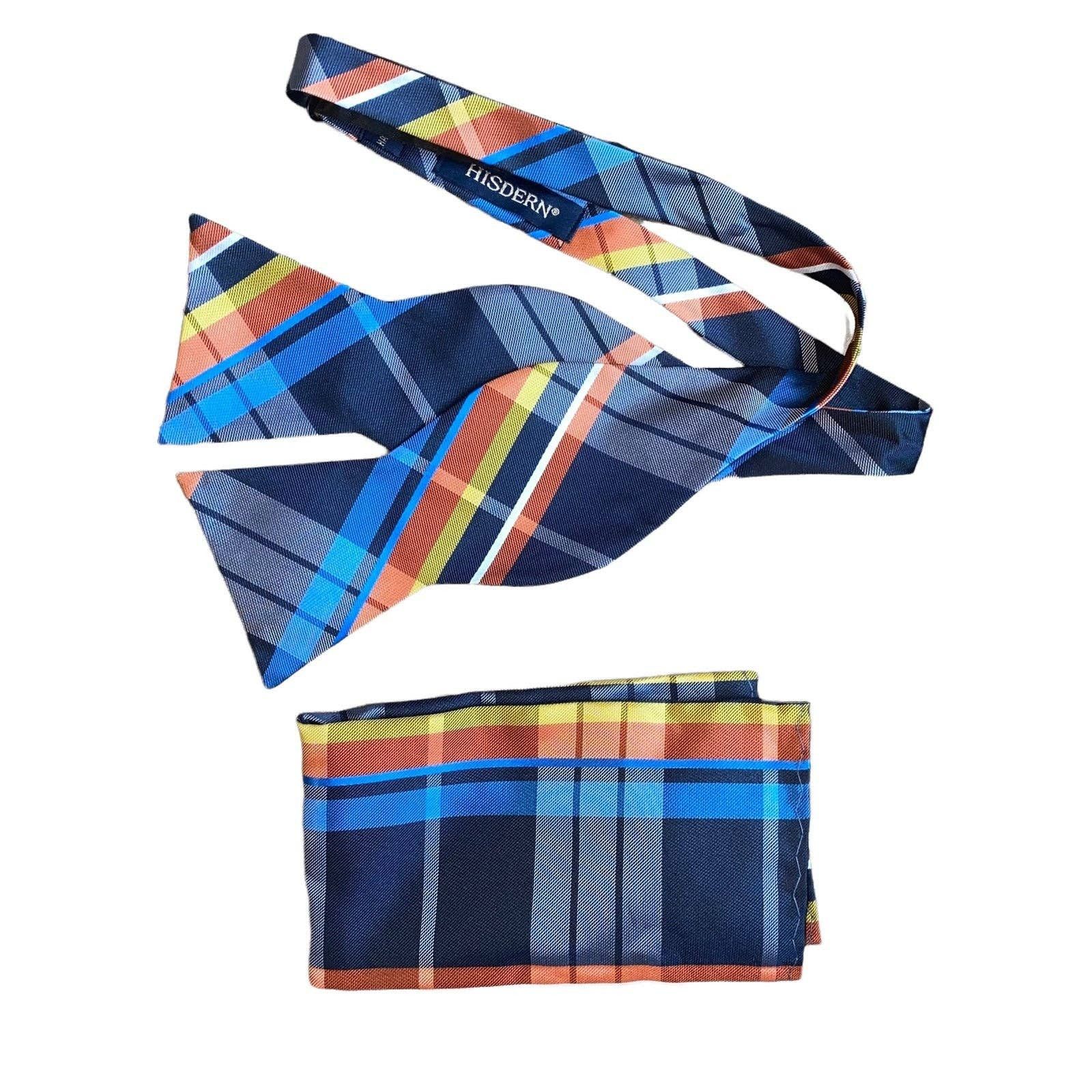 Vintage Hisdern Multi-Colored Plaid Silk Bow Tie and pocket square ...