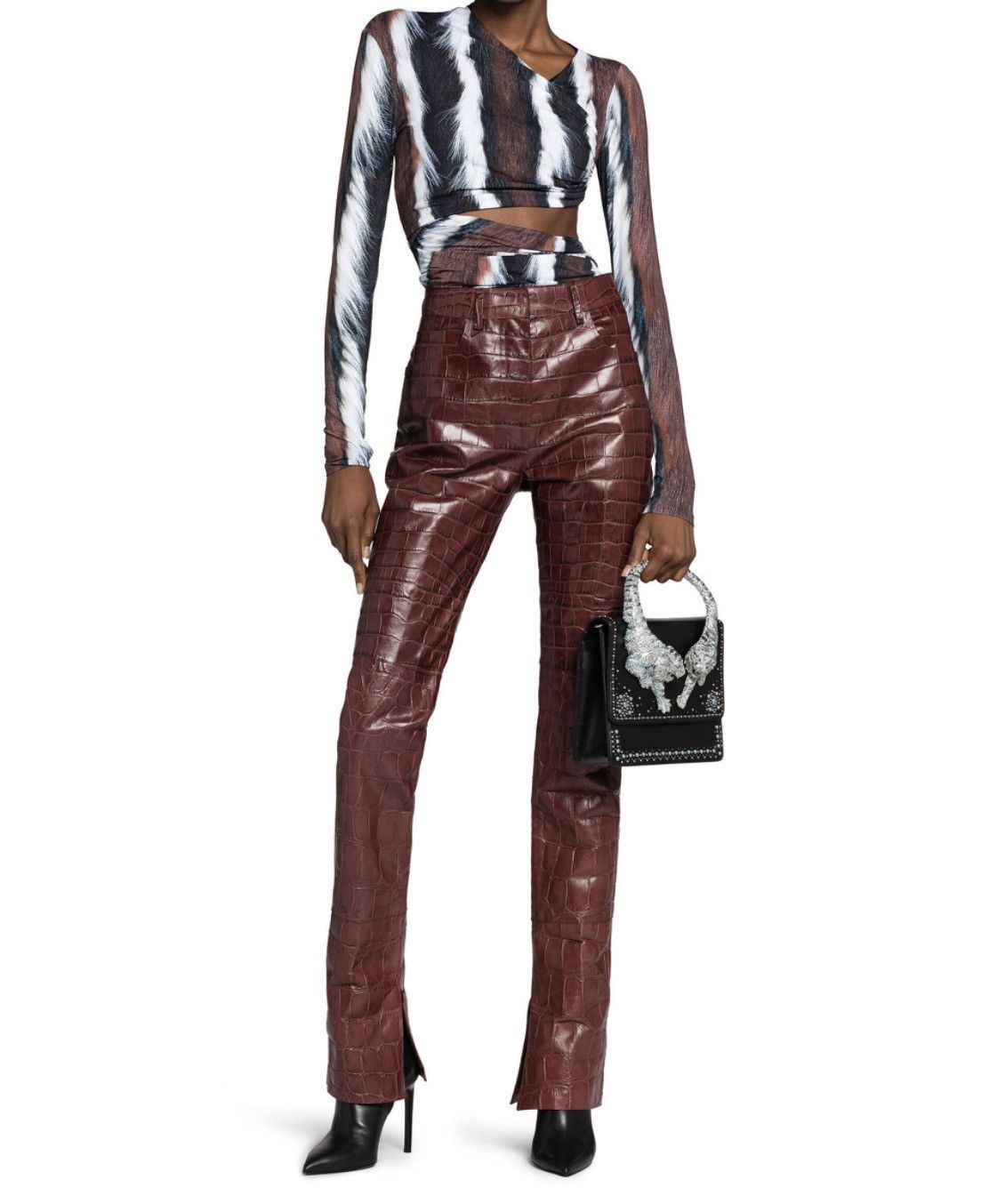 Roberto Cavalli Roberto Cavalli Runway Burgundy Croc-Embossed Leather Pants Size 27" / US 4 / IT 40 - 5 Thumbnail