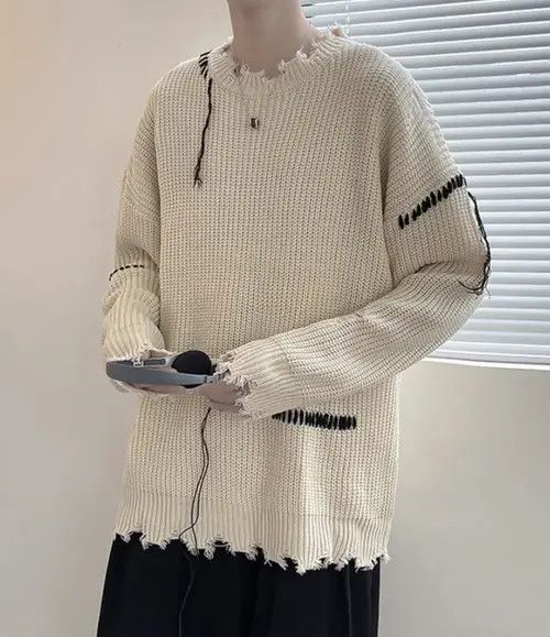 VIBE Korean fashion beige distressed knit sweater knitwear Size US L / EU 52-54 / 3 - 7 Thumbnail
