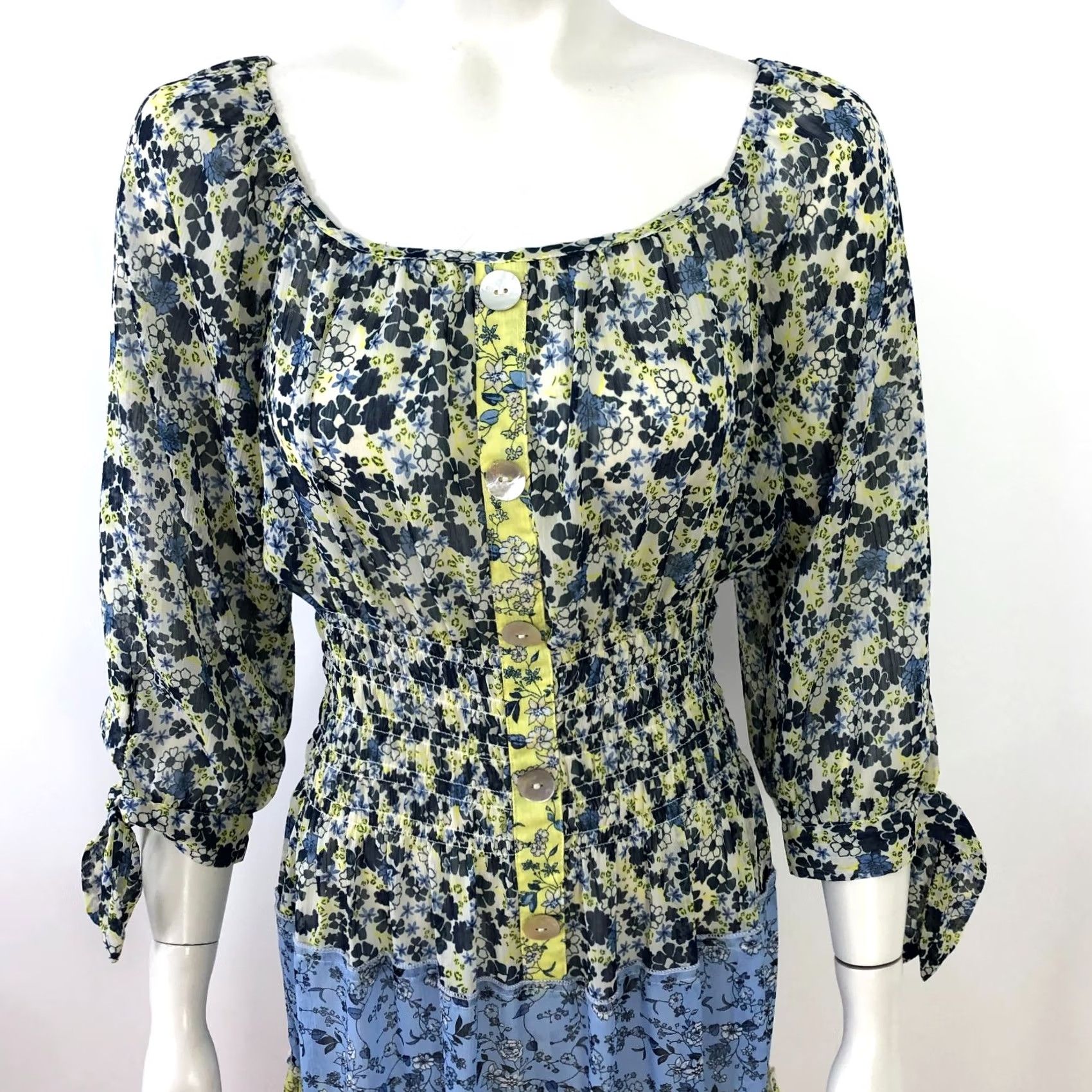 Vintage Figueroa & Flower MED Sheer Smock BOHO Above Knee Dress Floral Pattern Mini Shirt Sleeve 3/4 Polyester Women XS? (Cannot determine size) Size M / US 6-8 / IT 42-44 - 2 Thumbnail