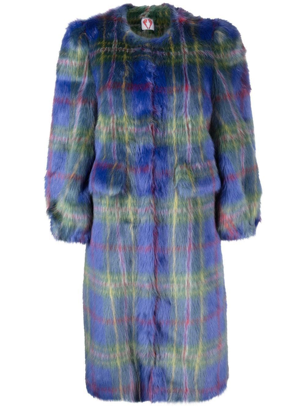 image of Shrimps Fern Checked Faux Fur Coat Size Uk 10/us 6 in Blue, Women's